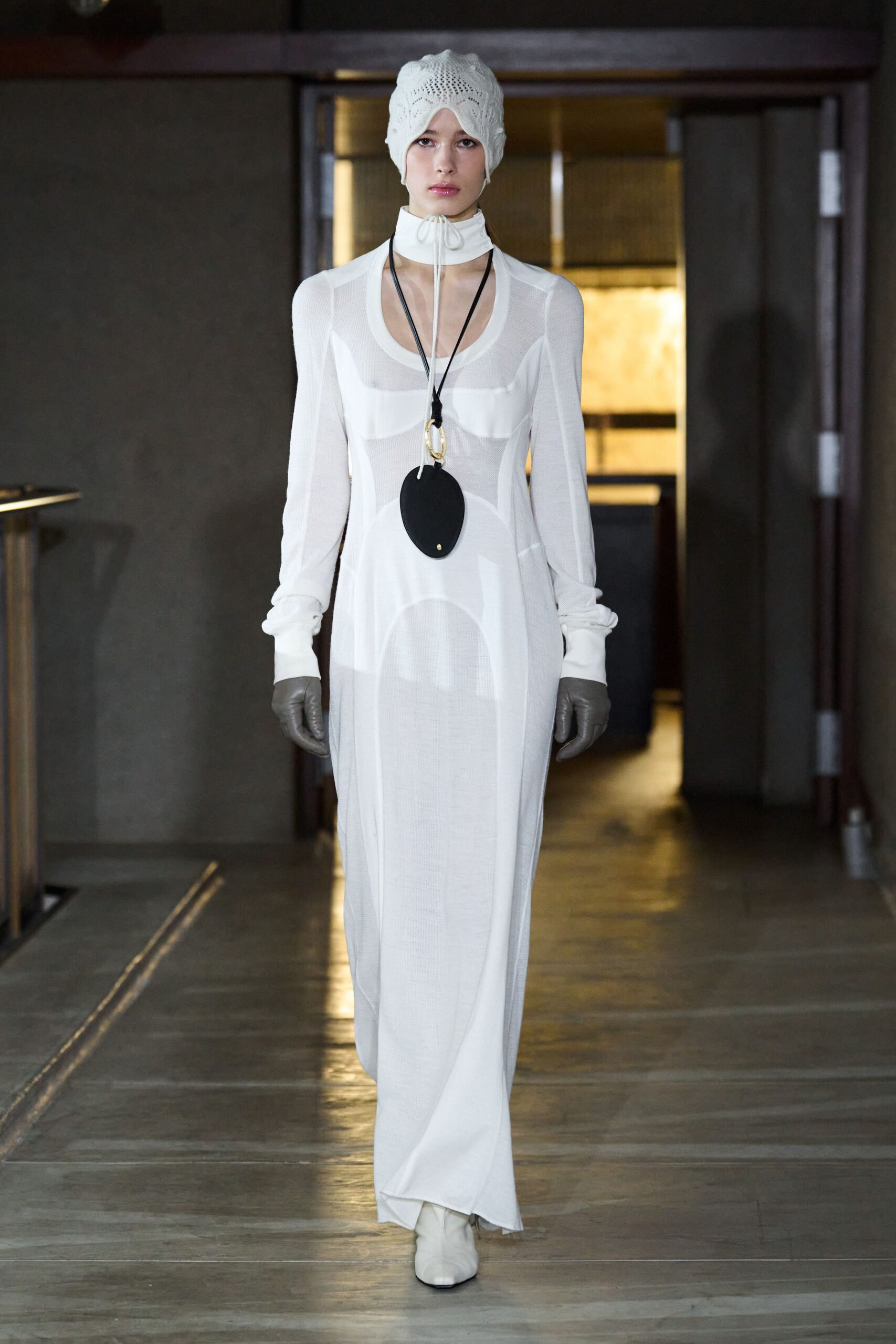white mesh long-sleeve v-neck fitted sheer flowing dress