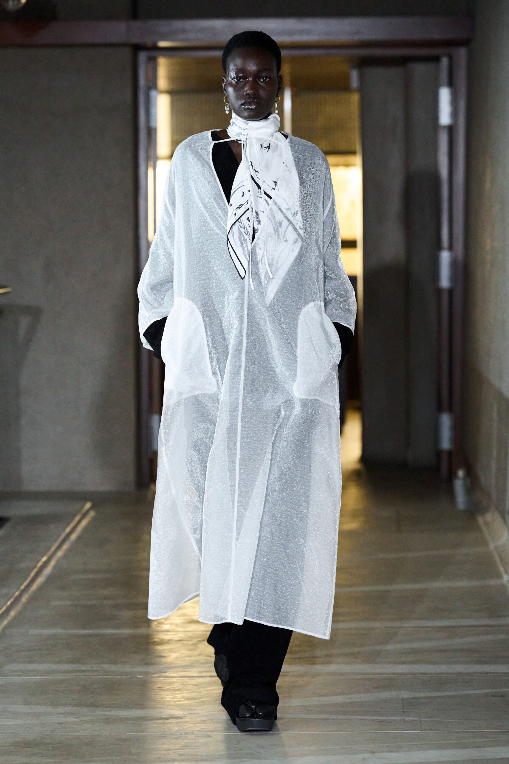 white silk long-sleeve relaxed draped sheer flowing coat