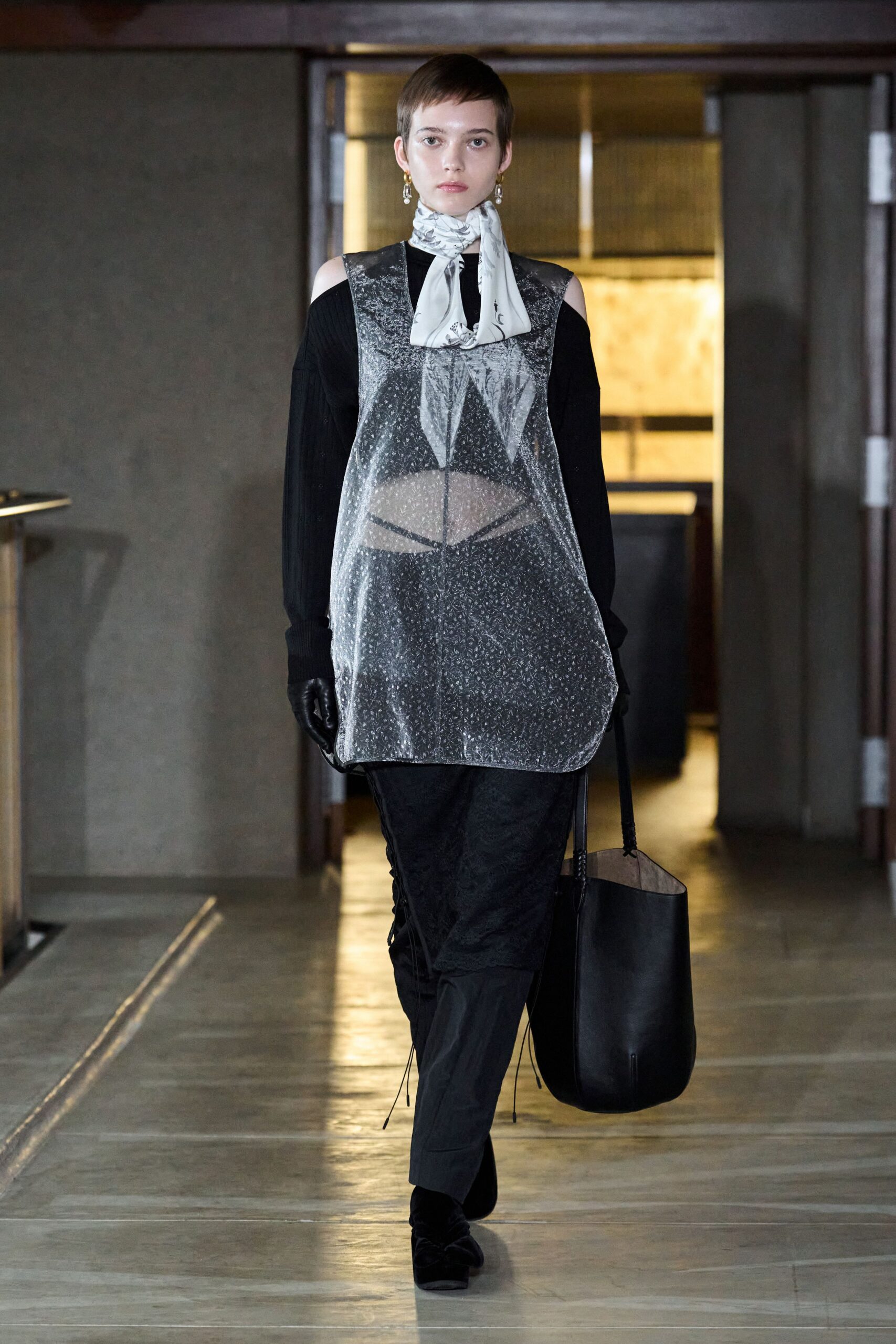 black silk sleeveless high-neck relaxed layered sheer top