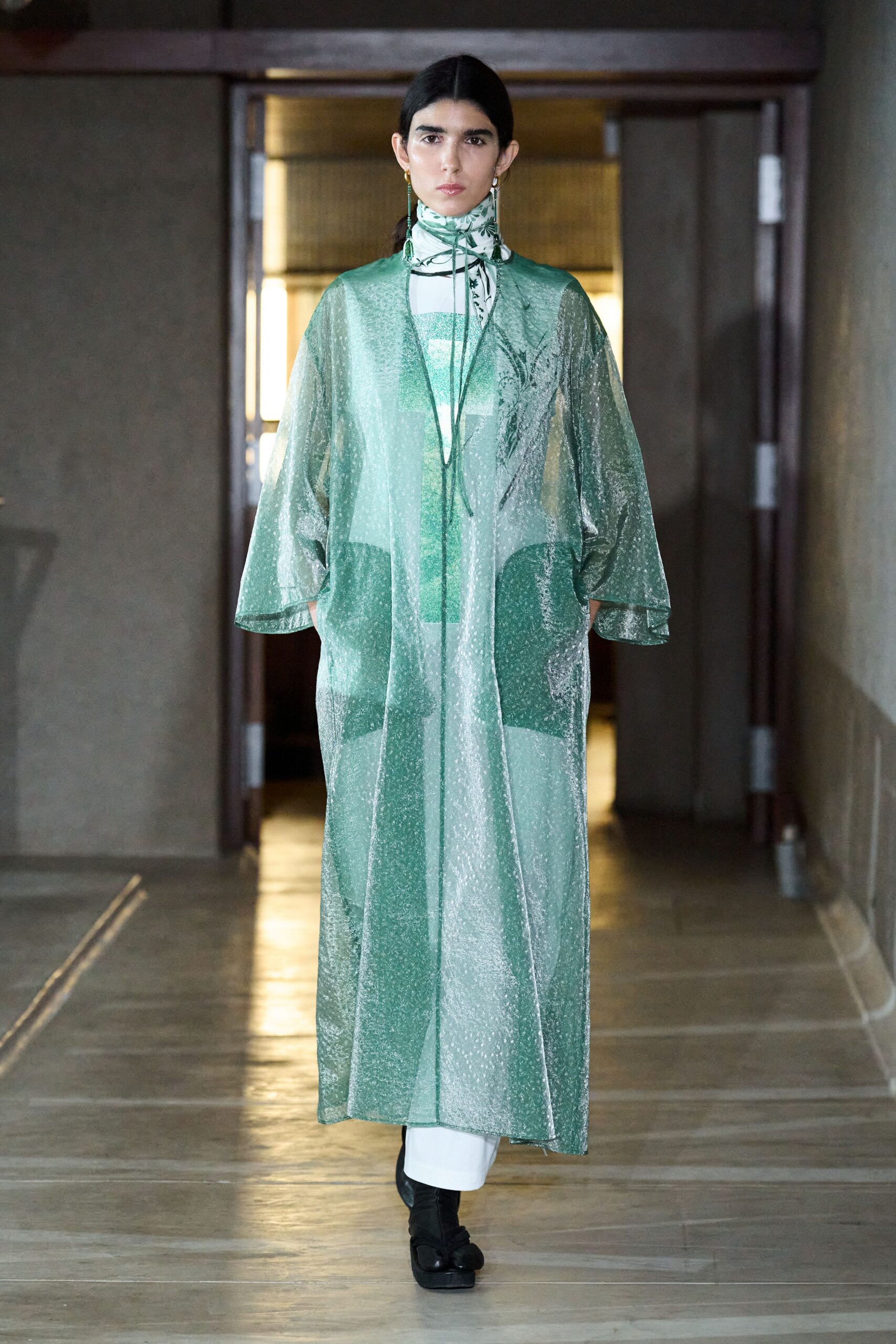 green silk long-sleeve relaxed layered sheer flowing coat