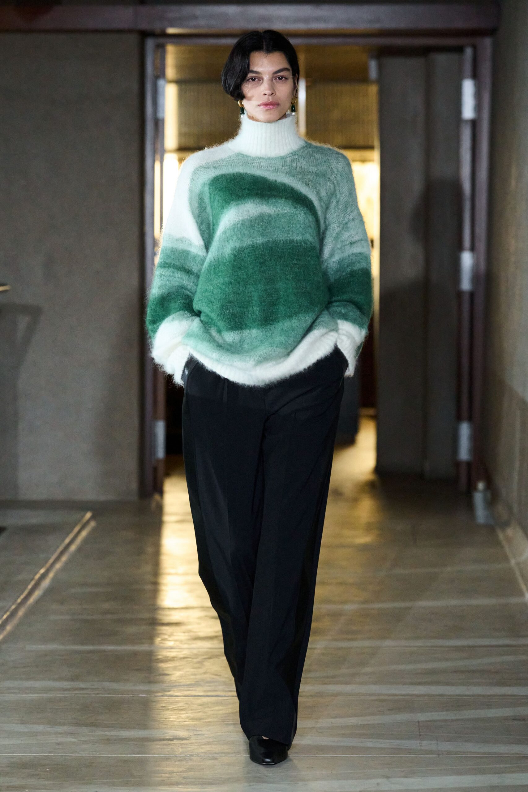 green wool long-sleeve turtleneck oversized layered sweater