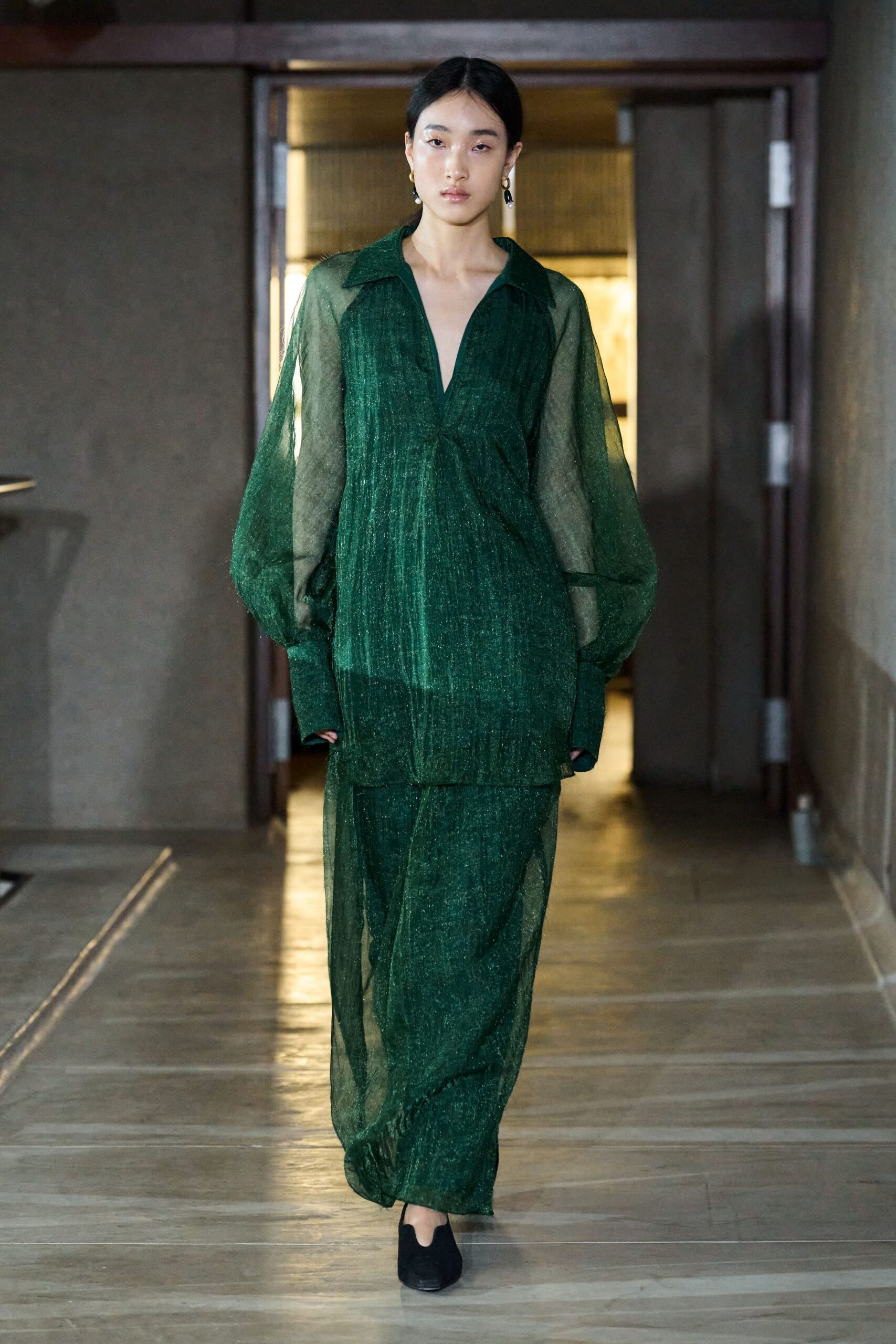 green silk long-sleeve collared relaxed layered sheer dress