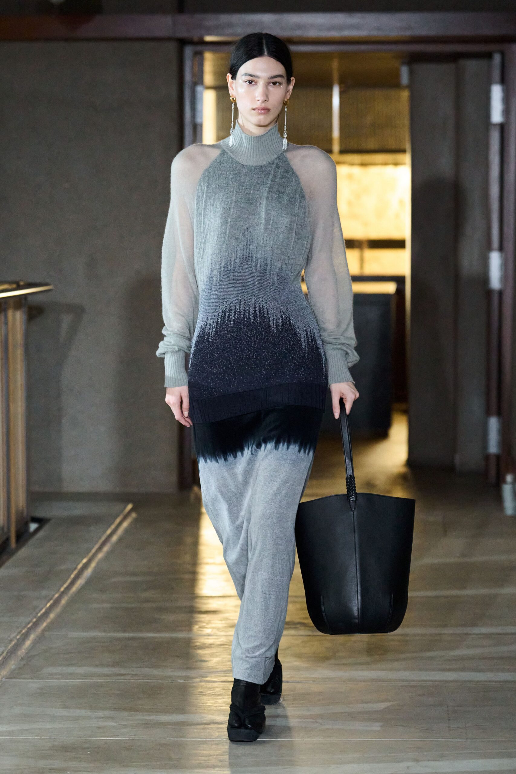 gray wool long-sleeve high-neck fitted layered ombre dress