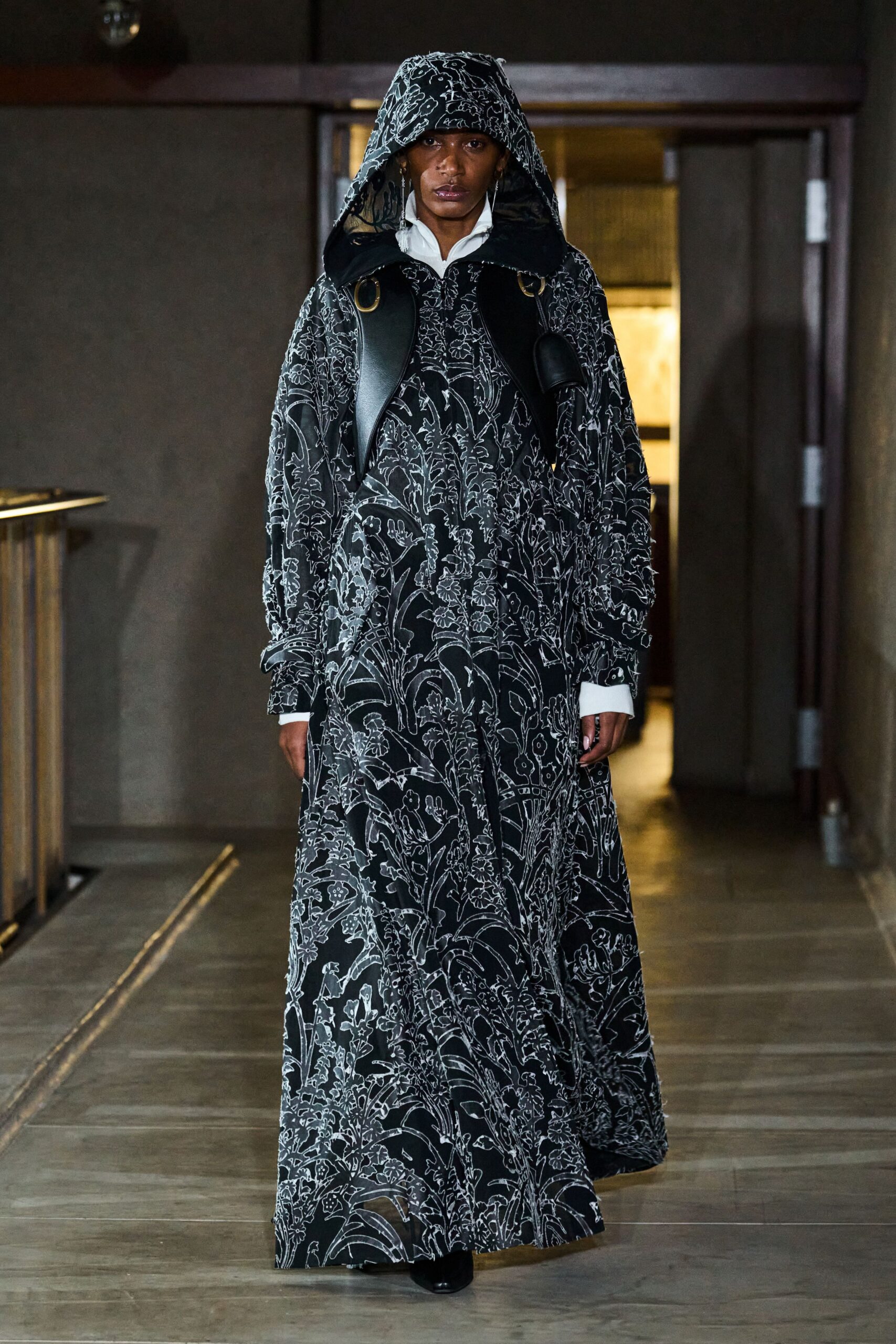 black and white floral embroidered coat