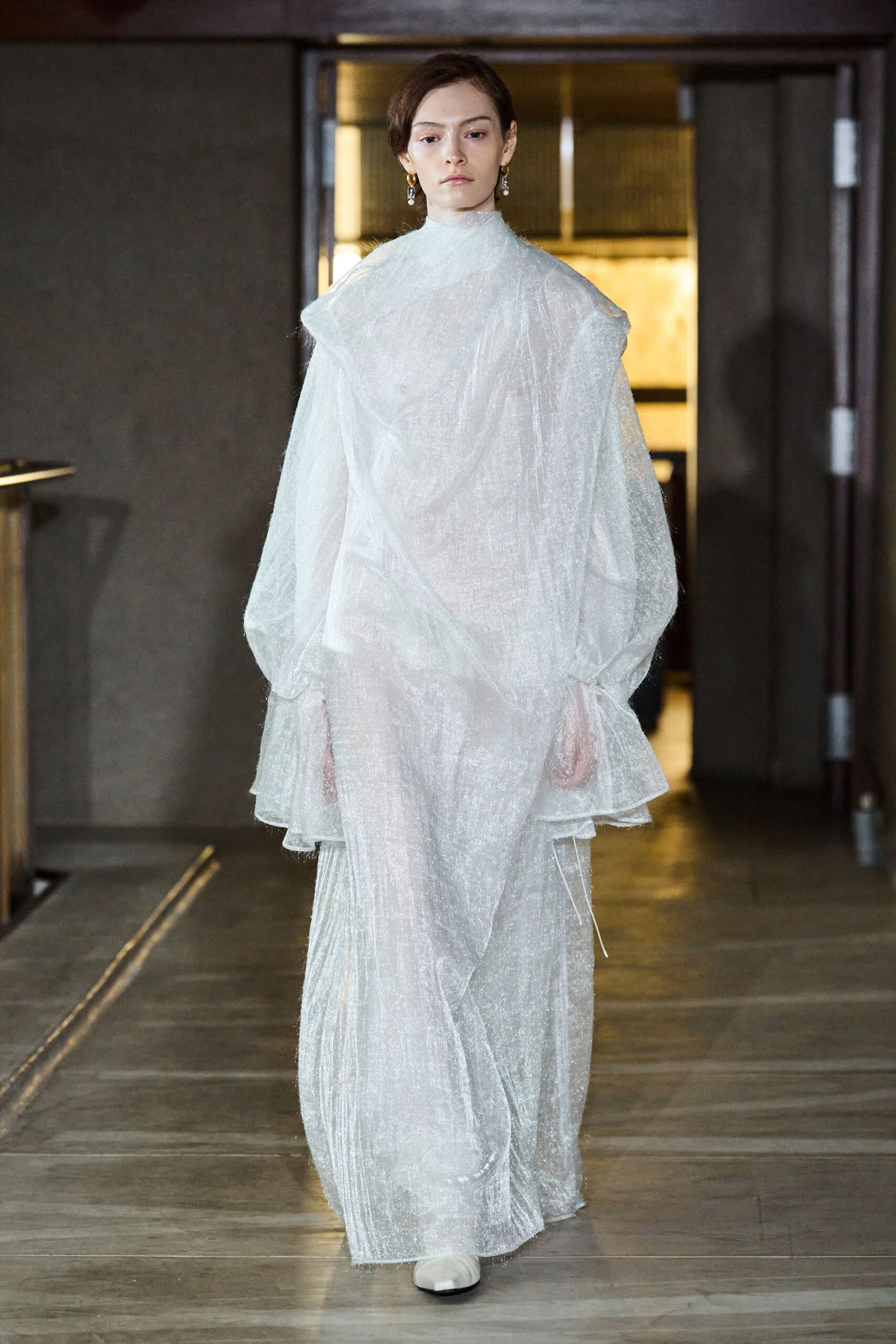 white silk long-sleeve high-neck relaxed draped sheer gown