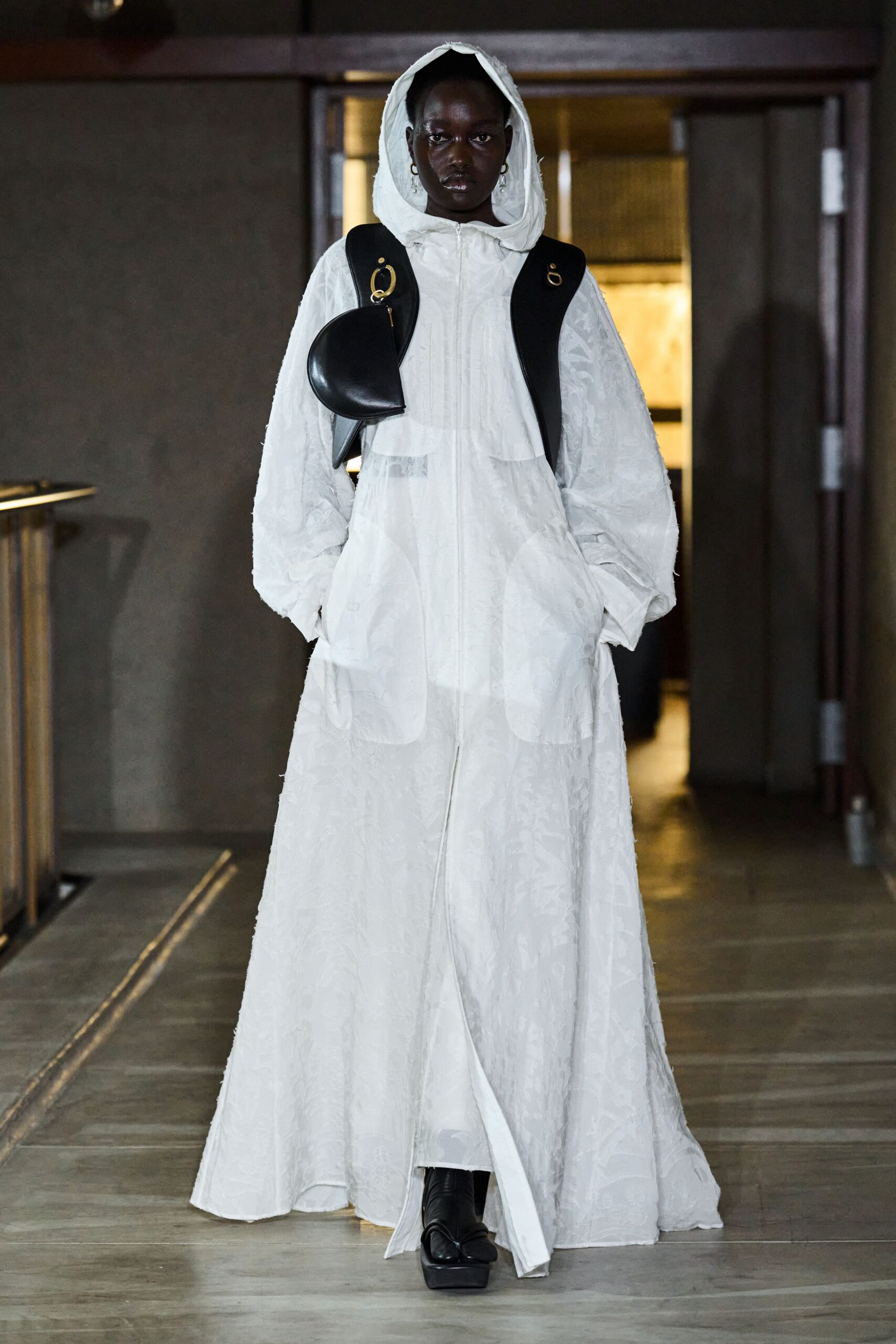 white cotton long-sleeve hooded relaxed layered maxi coat