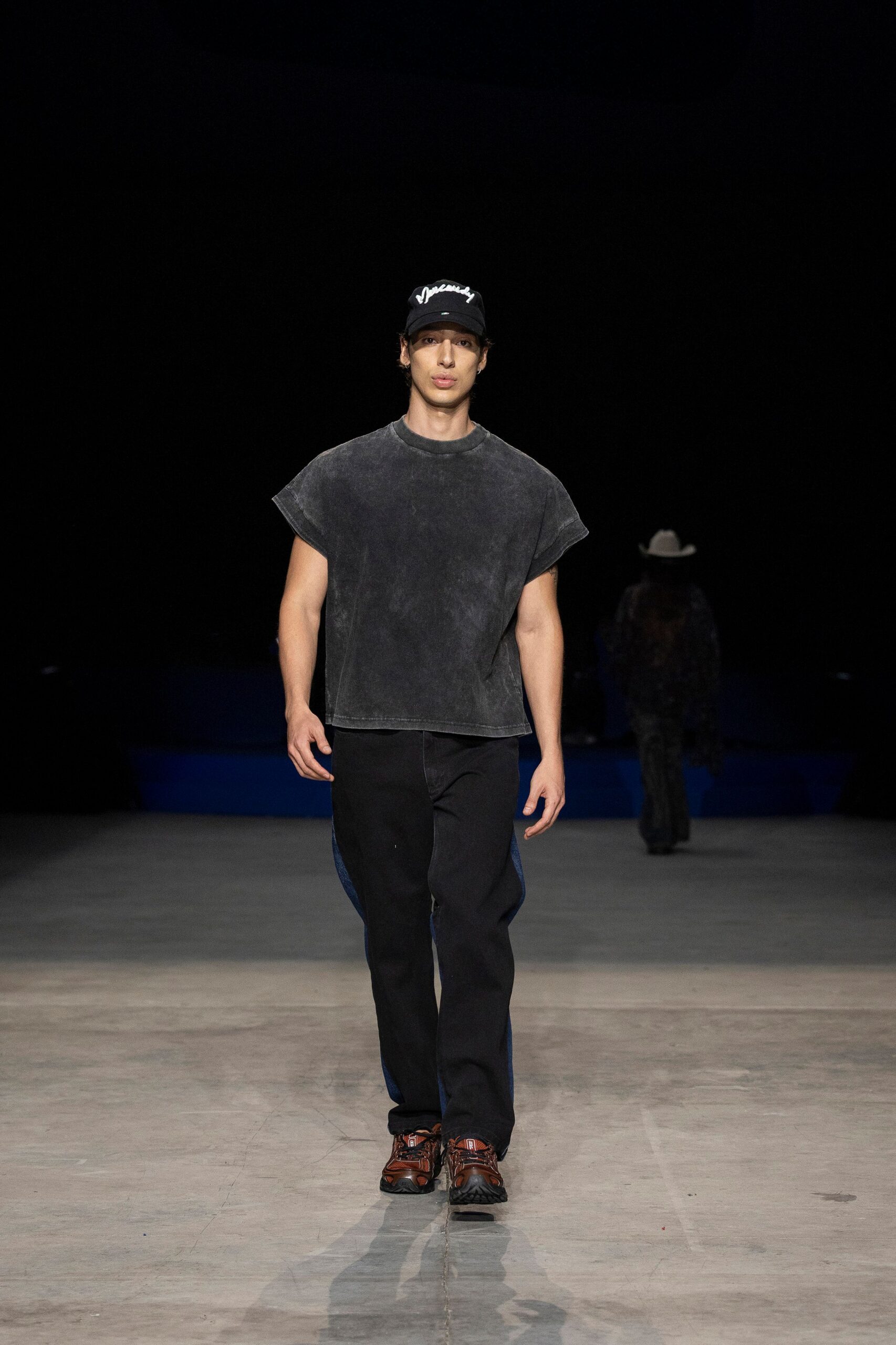 black denim slim straight-leg pants
