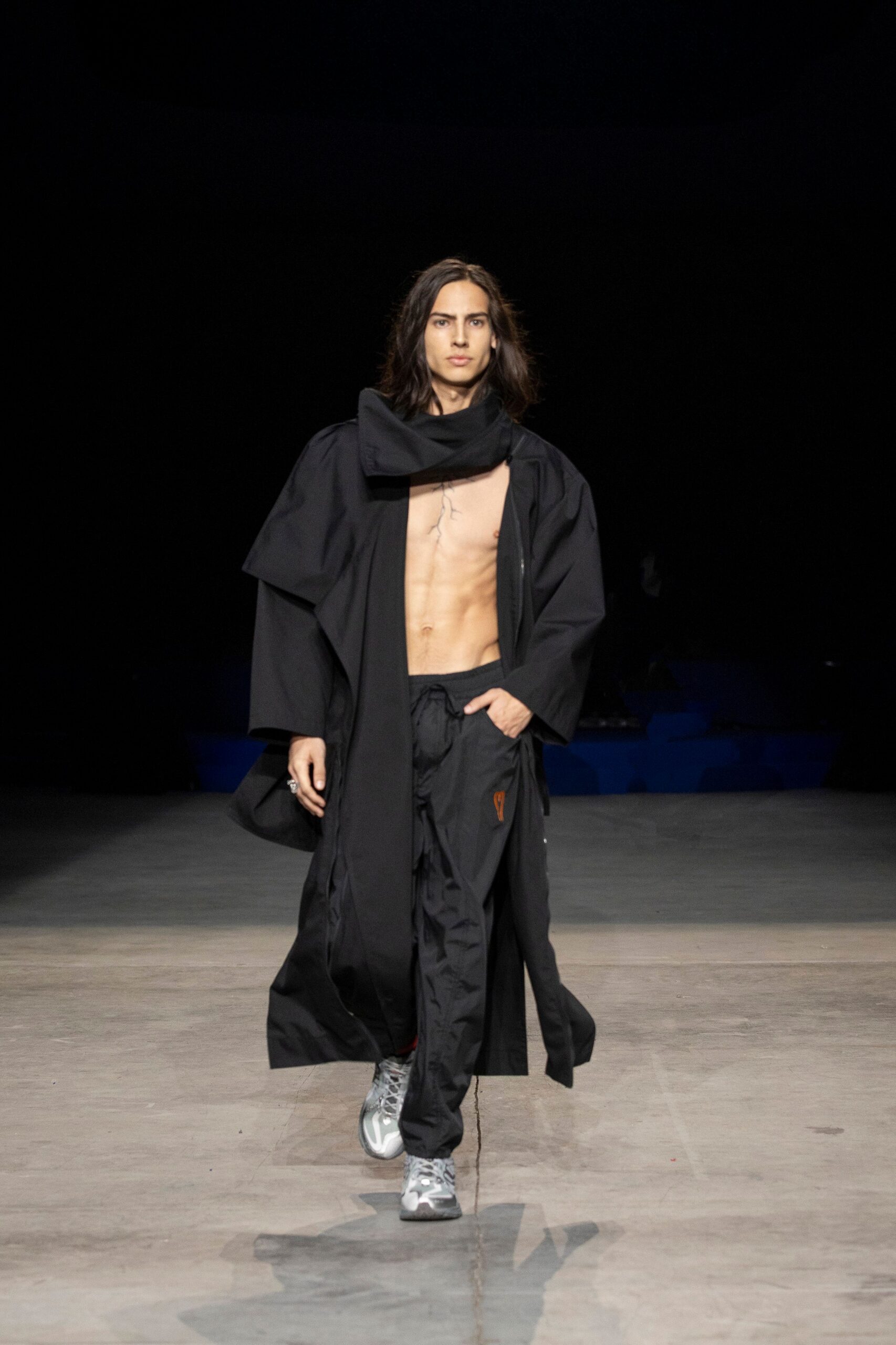 black cotton long-sleeve collared relaxed draped maxi coat