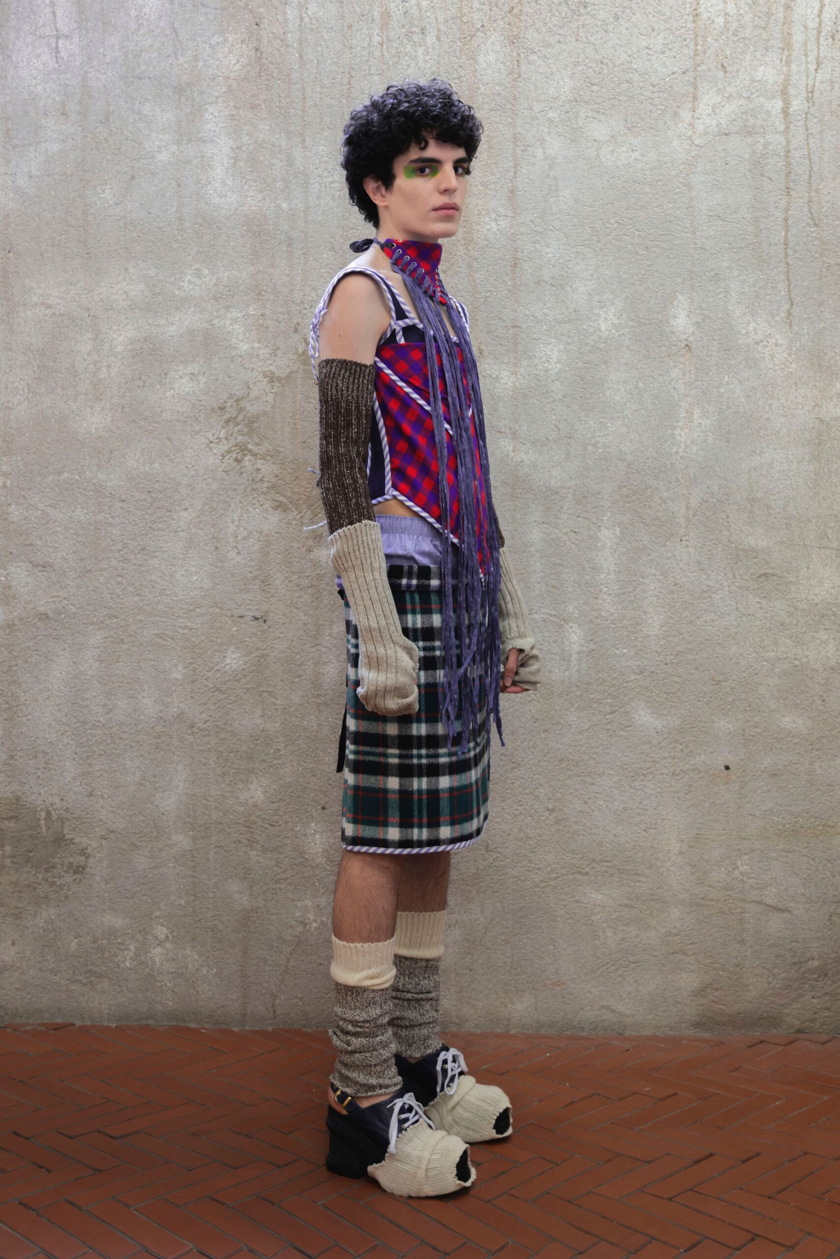 green cotton fitted checked skirt