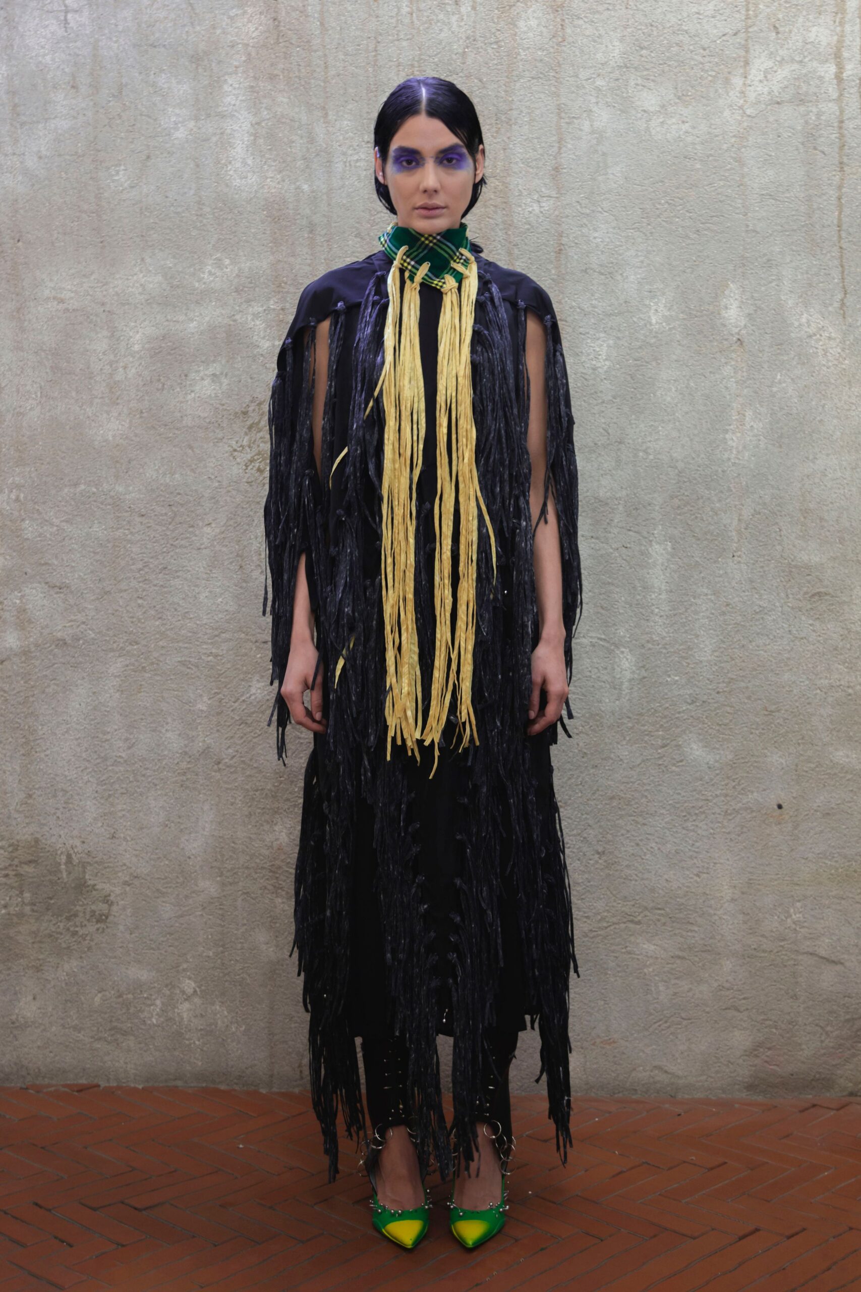 black cotton sleeveless v-neck fitted fringed maxi dress