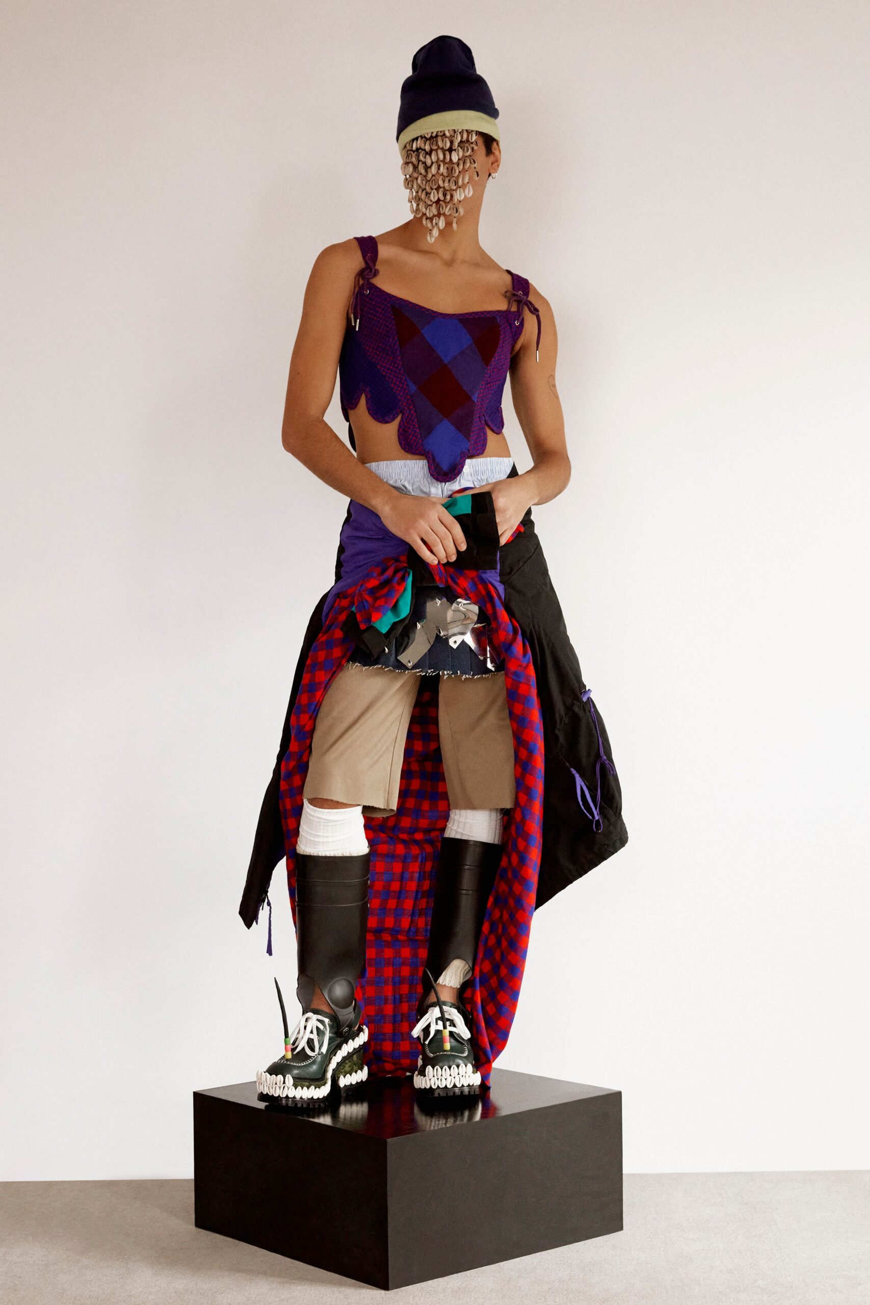 purple and blue fitted top with oversized coat