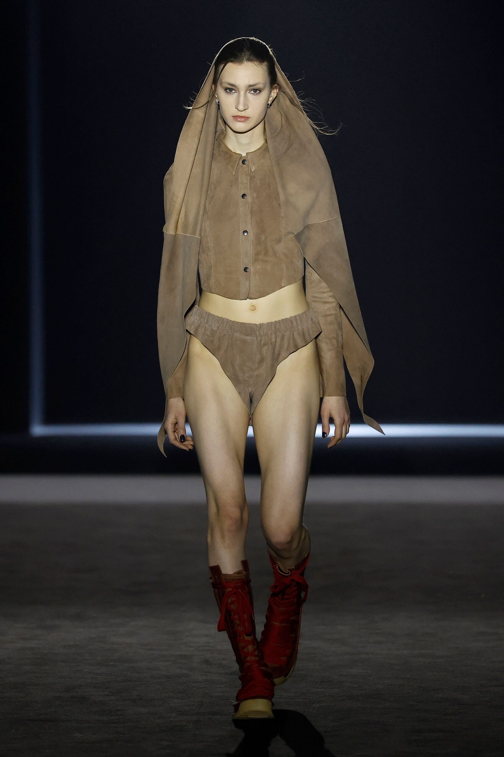 brown suede long-sleeve collared fitted top
