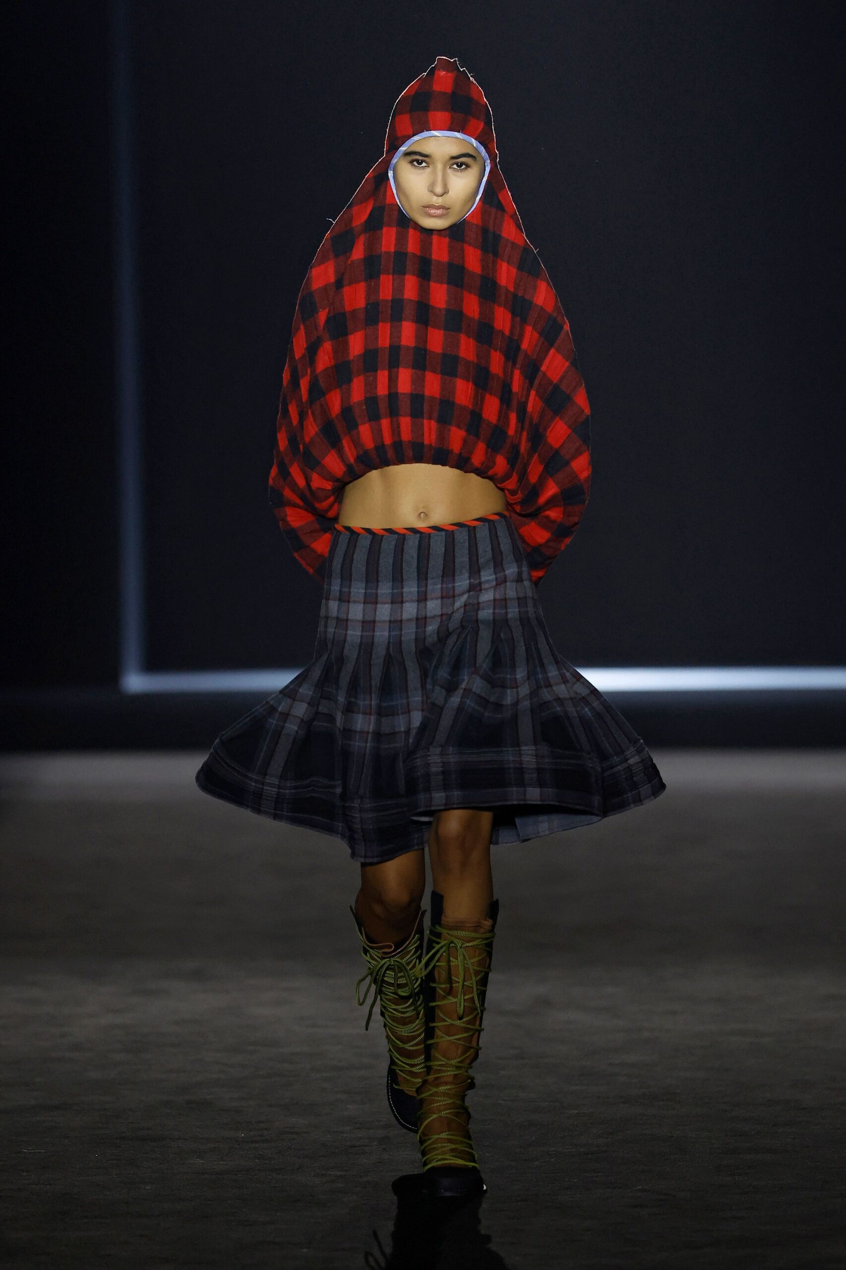 red cotton long-sleeve hooded relaxed checked top