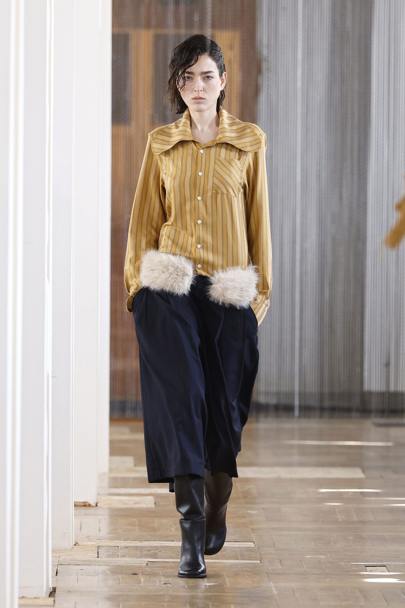 yellow silk long-sleeve collared relaxed striped shirt