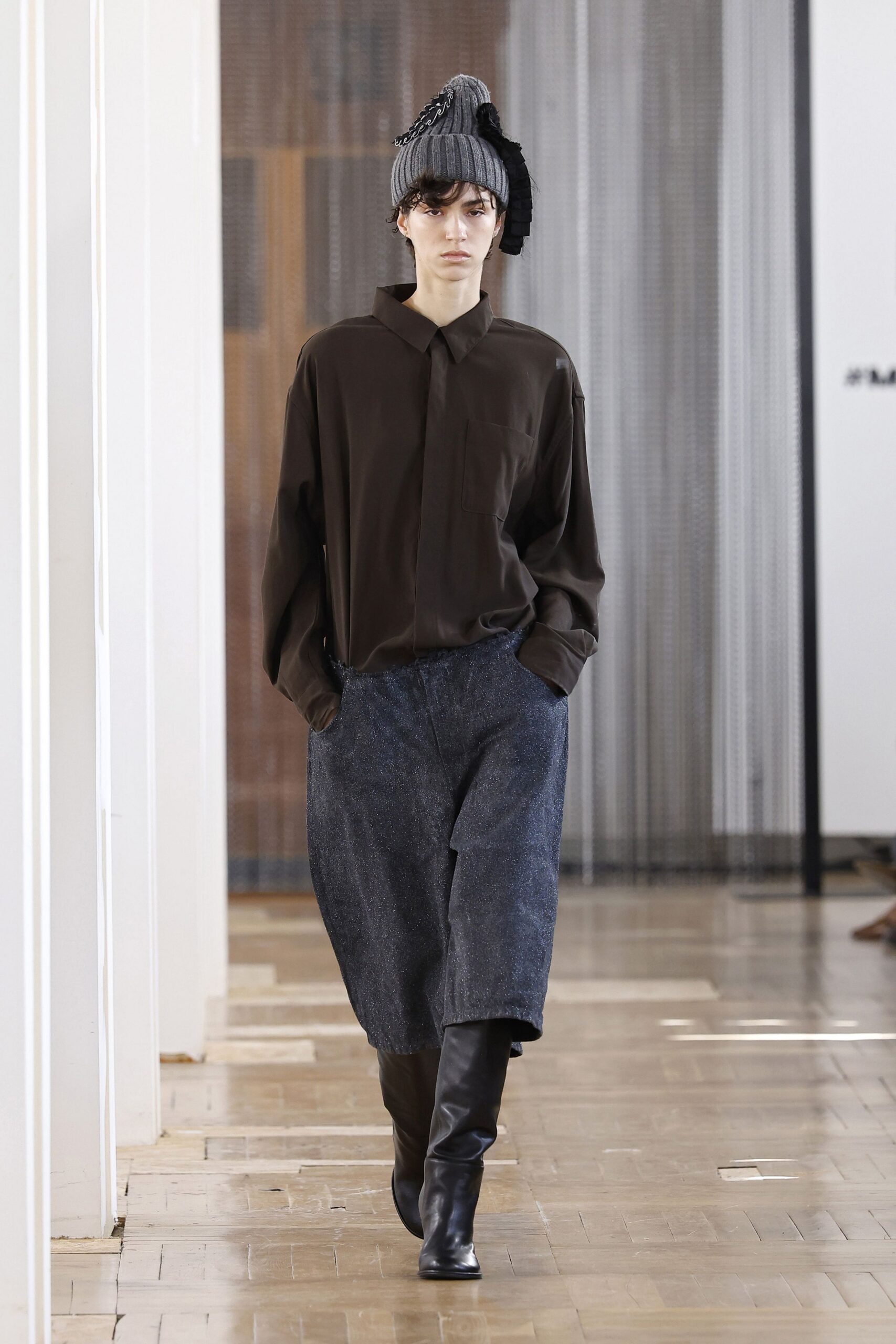 brown cotton shirt with blue denim skirt