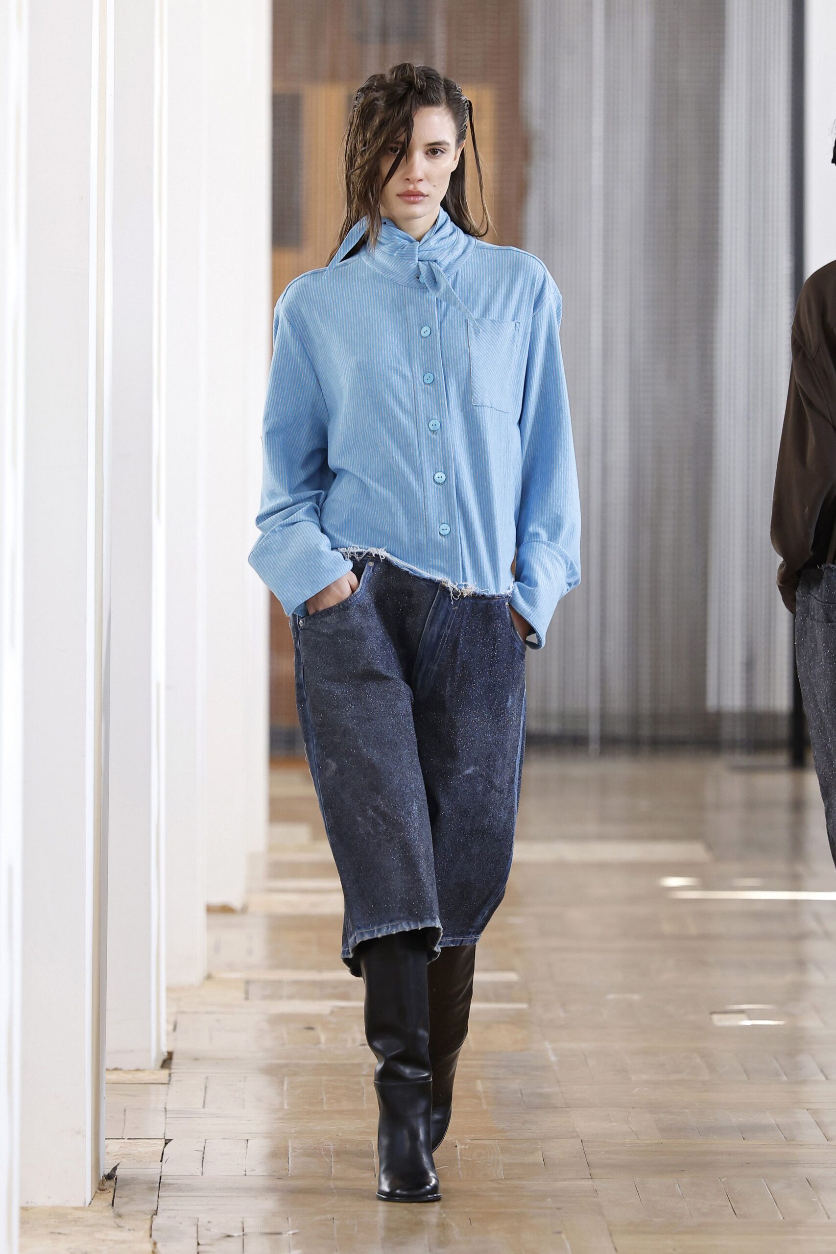 blue relaxed shirt black denim pants