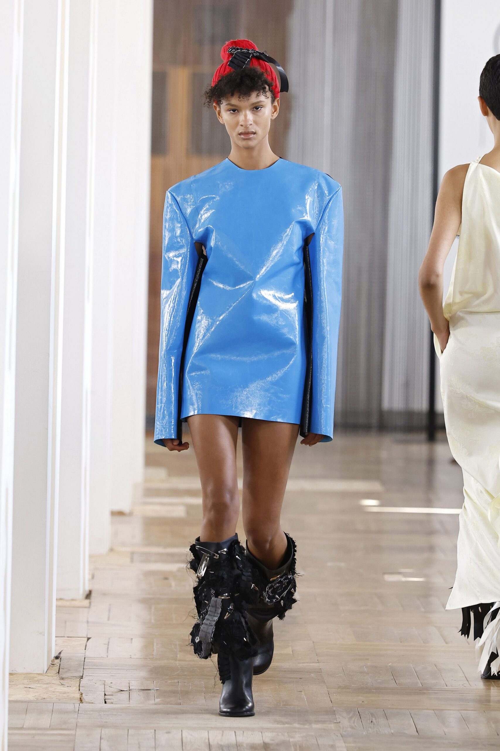 blue vinyl long-sleeve high-neck fitted structured shiny dress