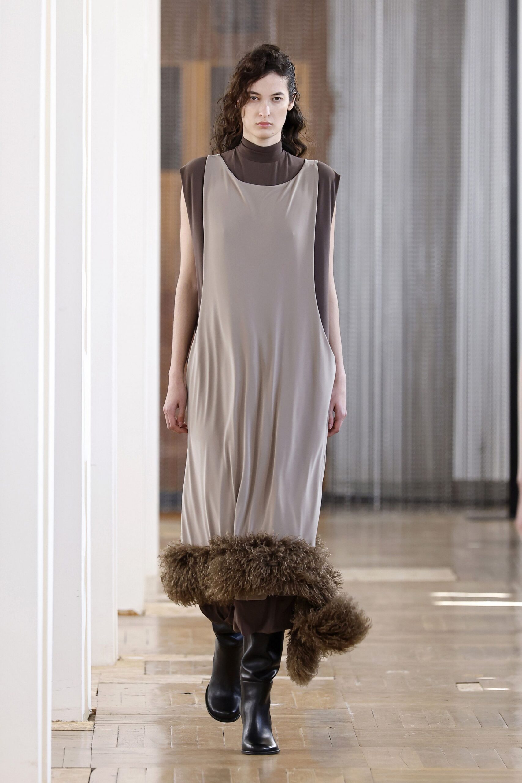 beige silk sleeveless high-neck relaxed draped midi dress