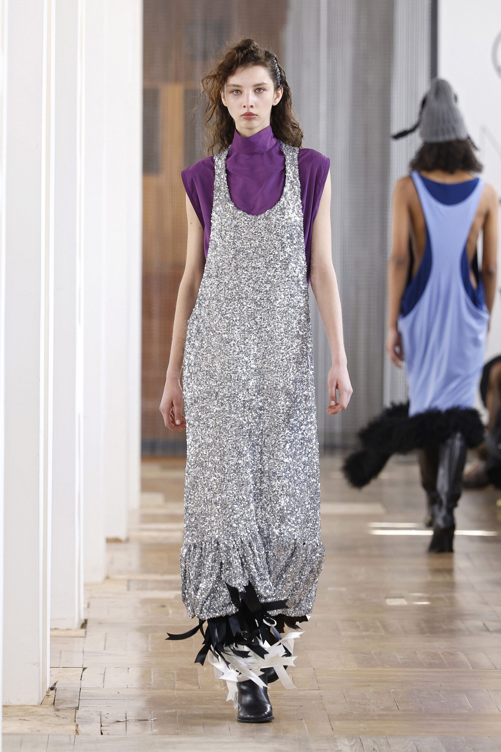 silver sequin midi dress with purple top