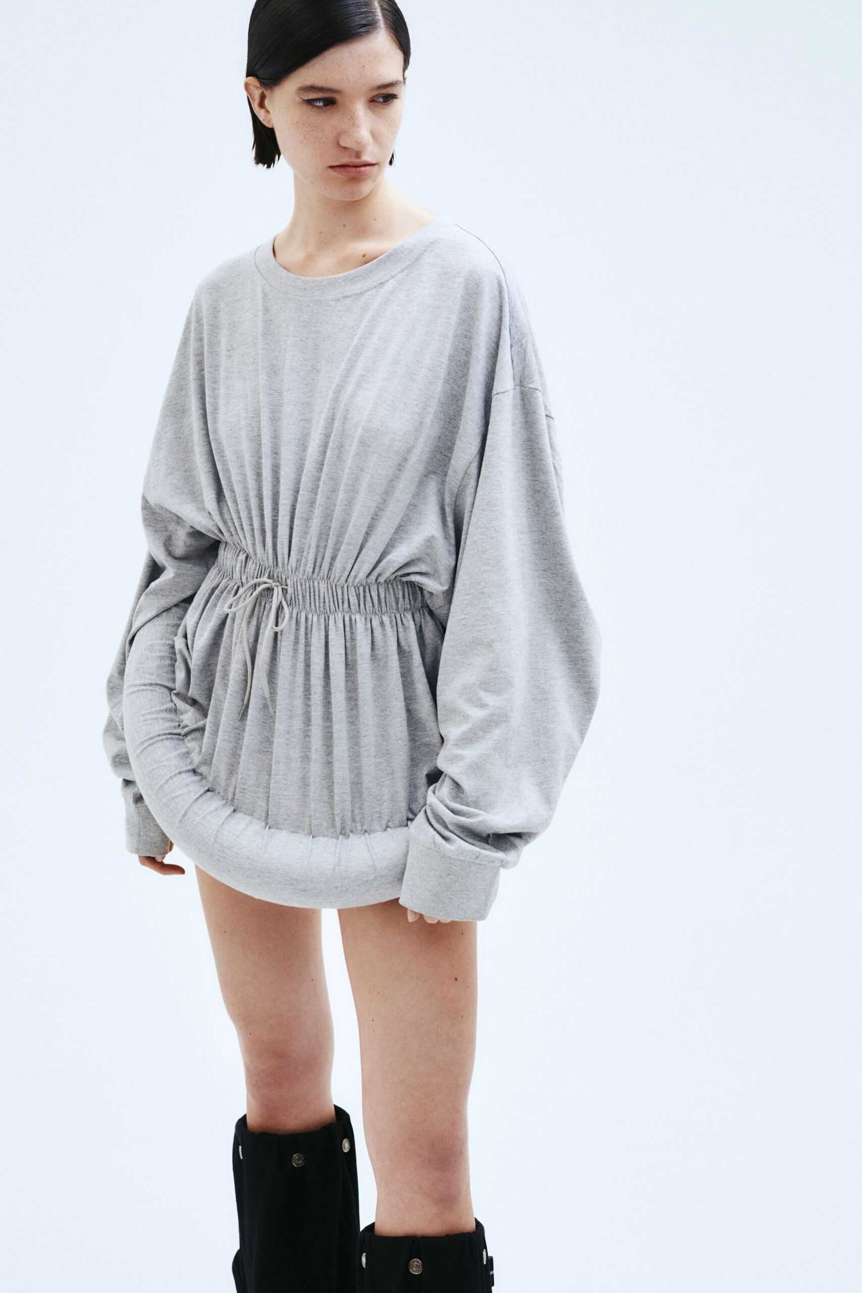 gray cotton long-sleeve oversized draped short dress
