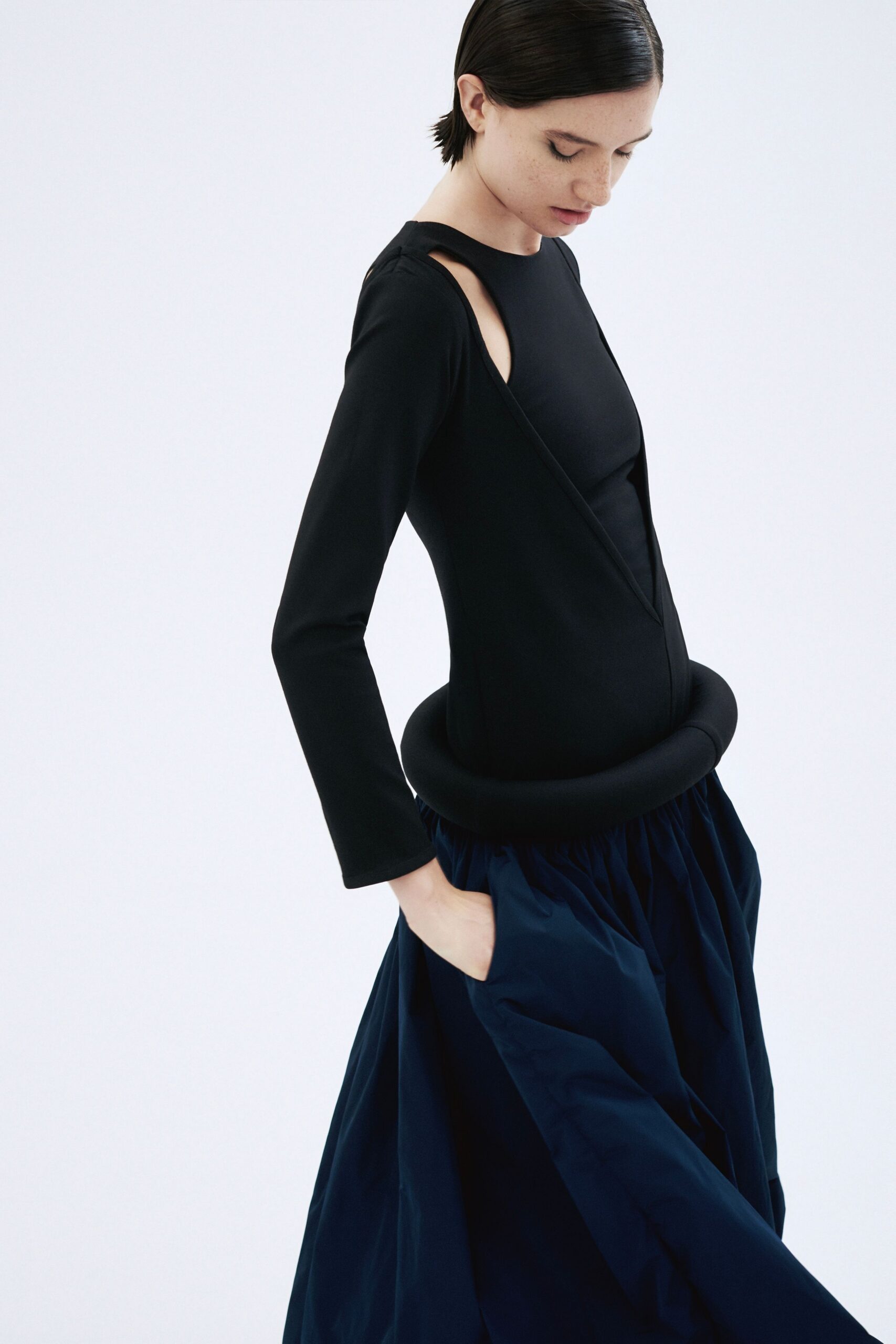 blue cotton relaxed pleated maxi skirt