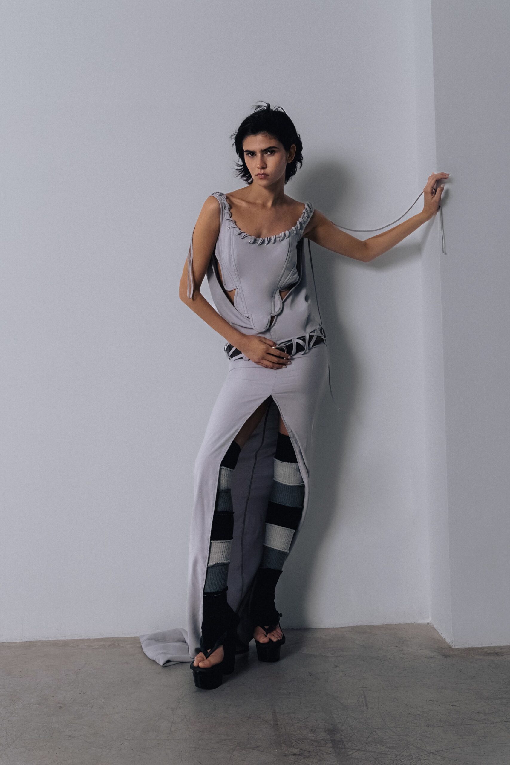 gray cotton sleeveless high-neck fitted ruched maxi dress