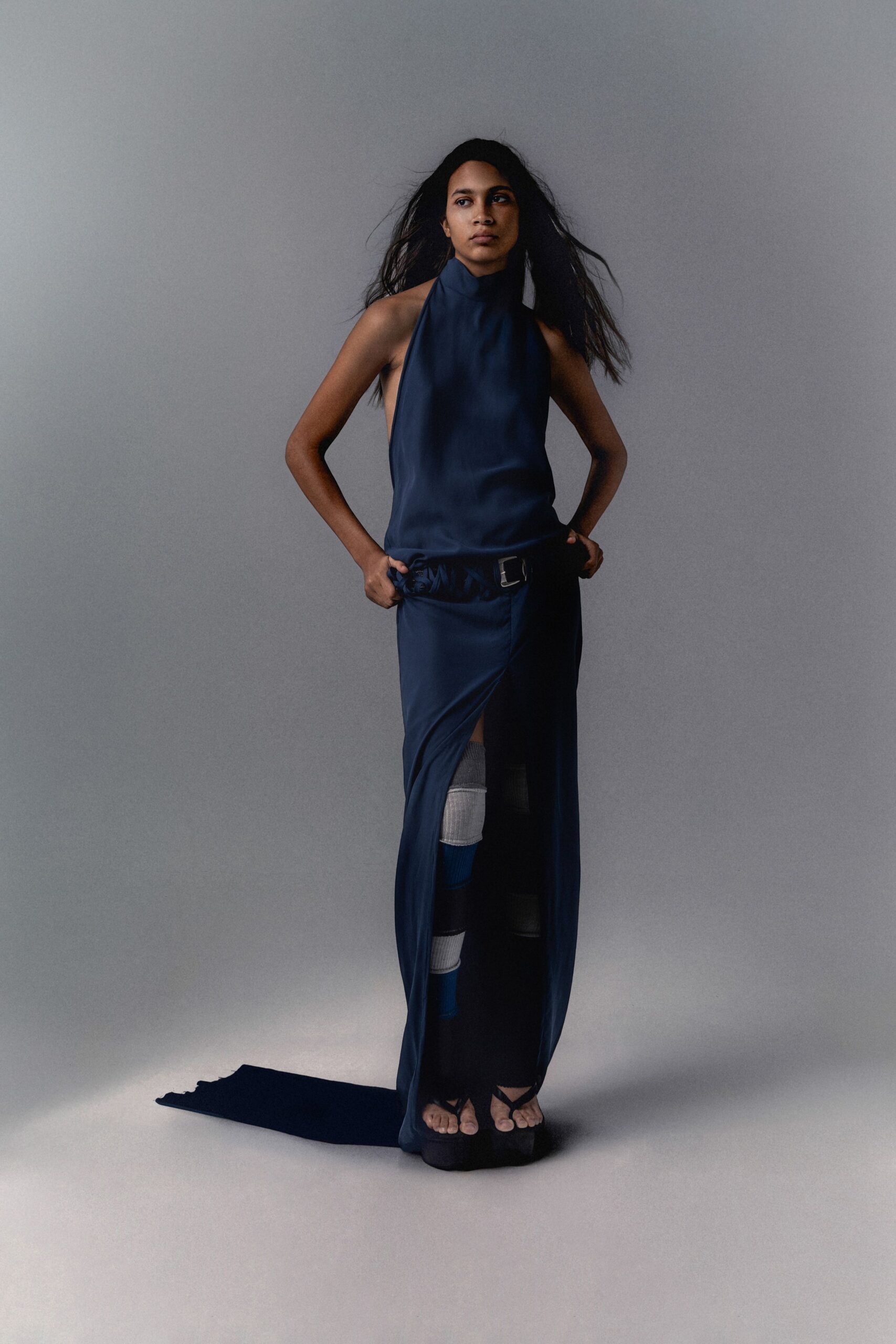 blue silk sleeveless high-neck fitted layered maxi dress