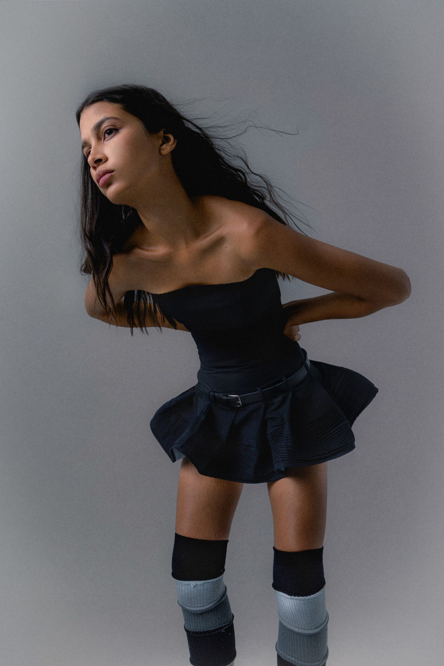 black cotton sleeveless strapless fitted pleated top