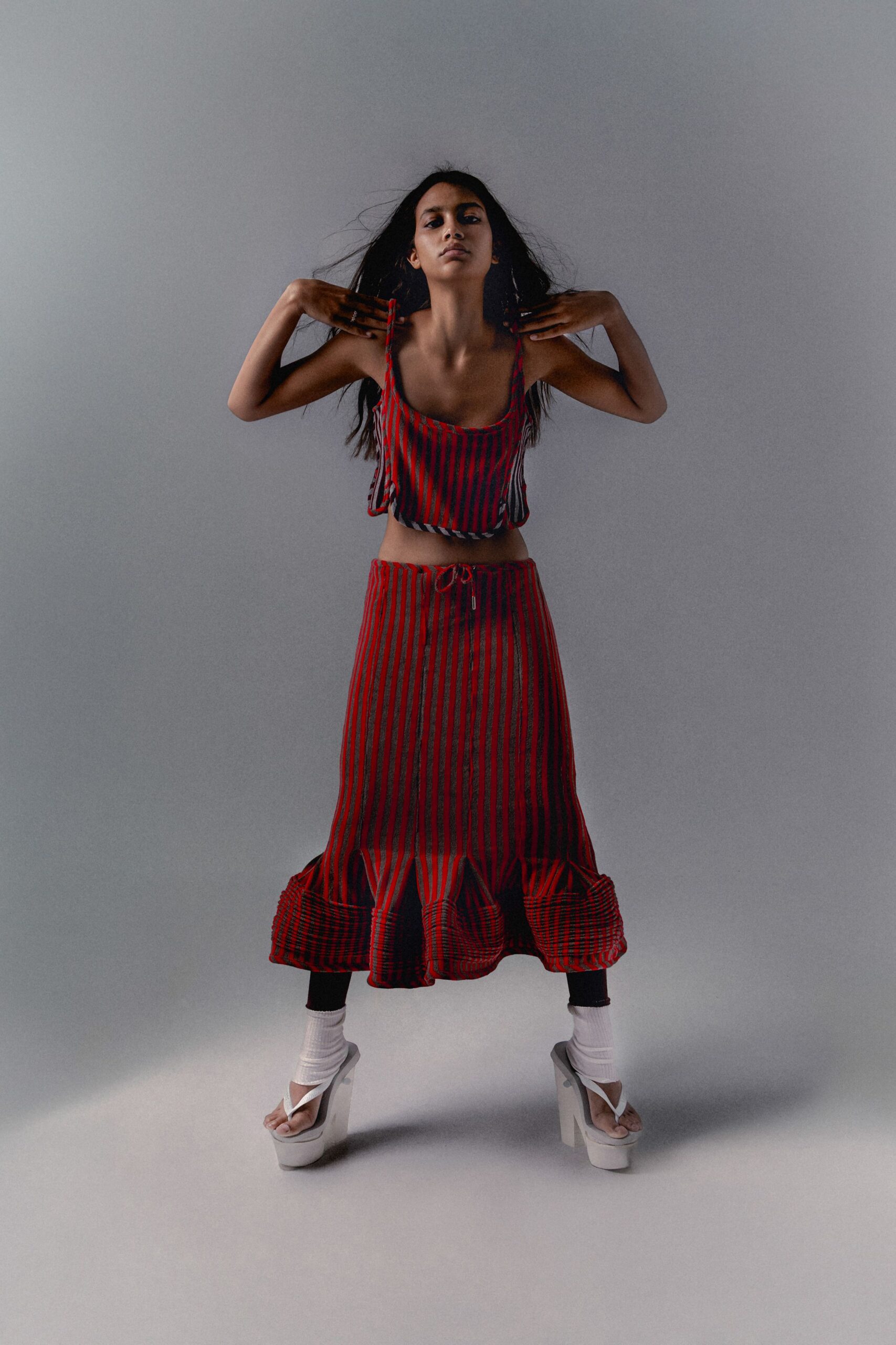 red cotton fitted striped flared midi skirt