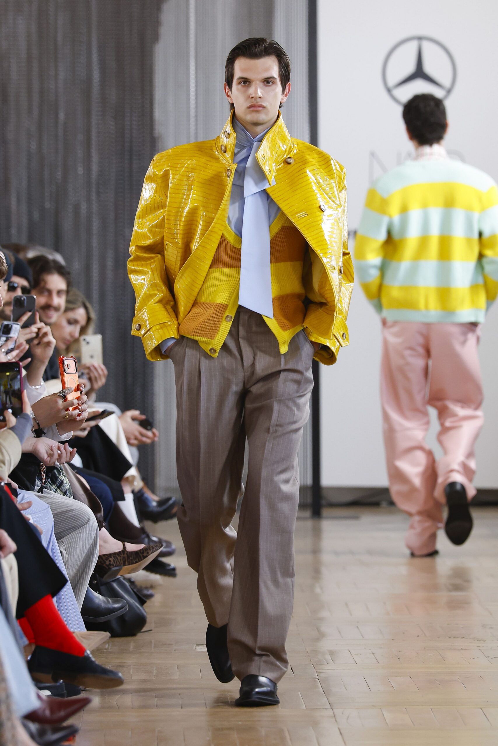 yellow vinyl long-sleeve collared structured zippered shiny jacket