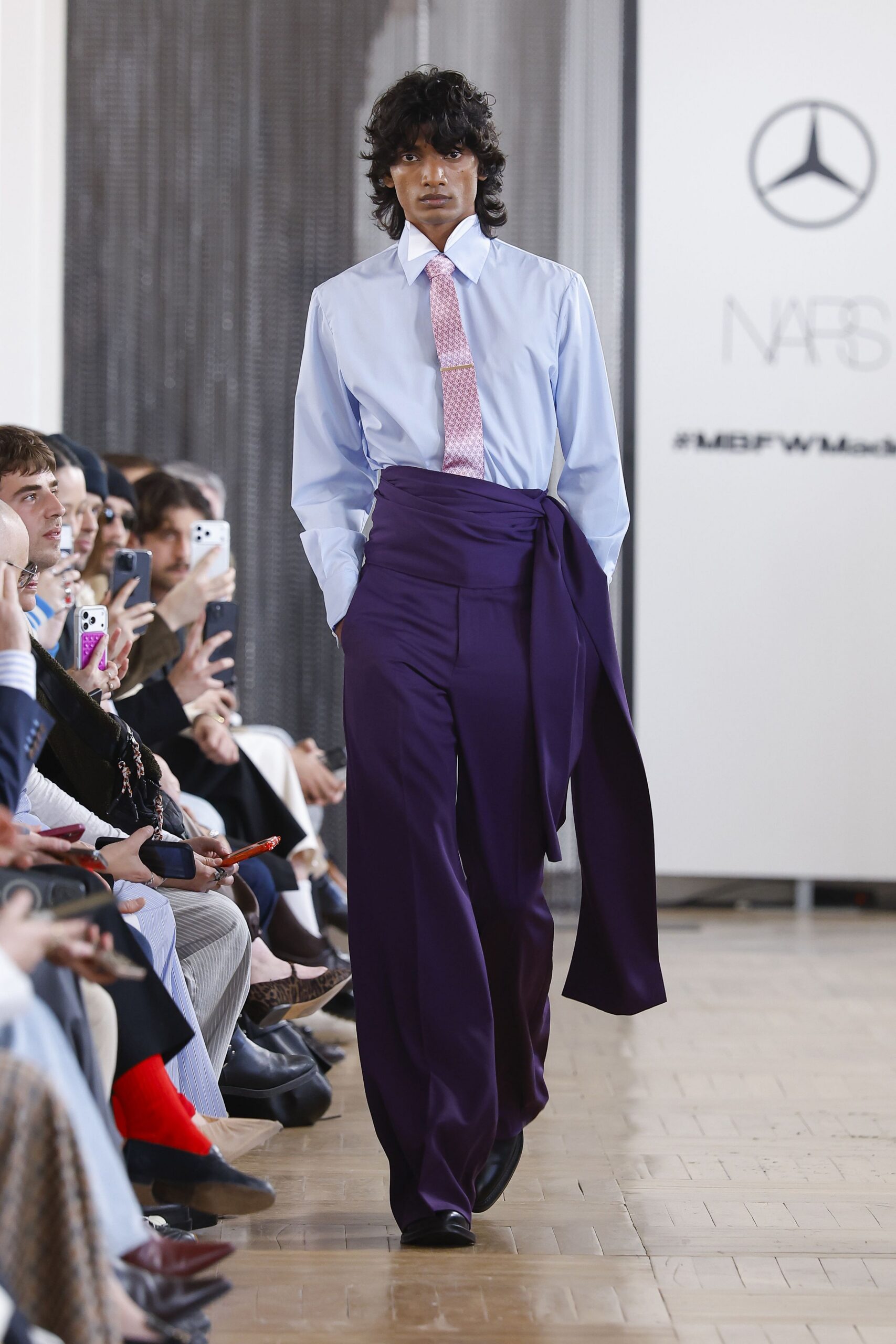 purple tailored high-waisted pleated pants