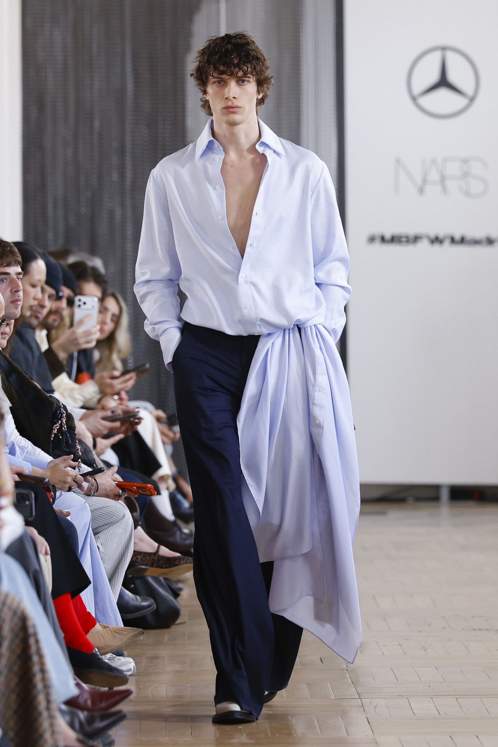 blue cotton tailored straight-leg pants