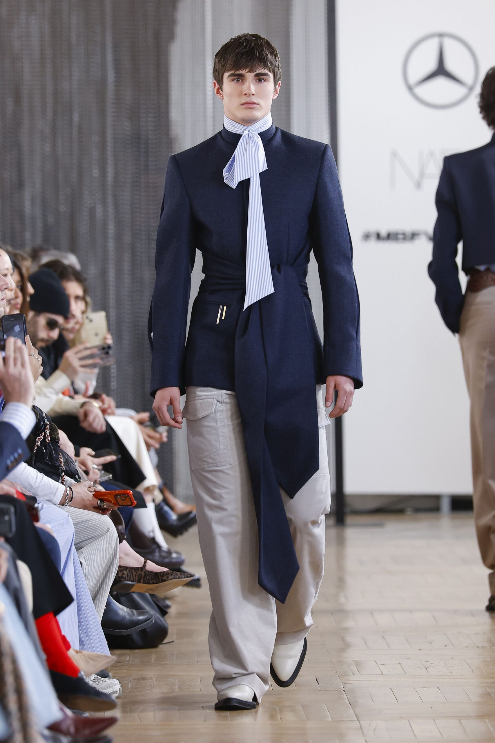 blue cotton long-sleeve collared structured belted jacket