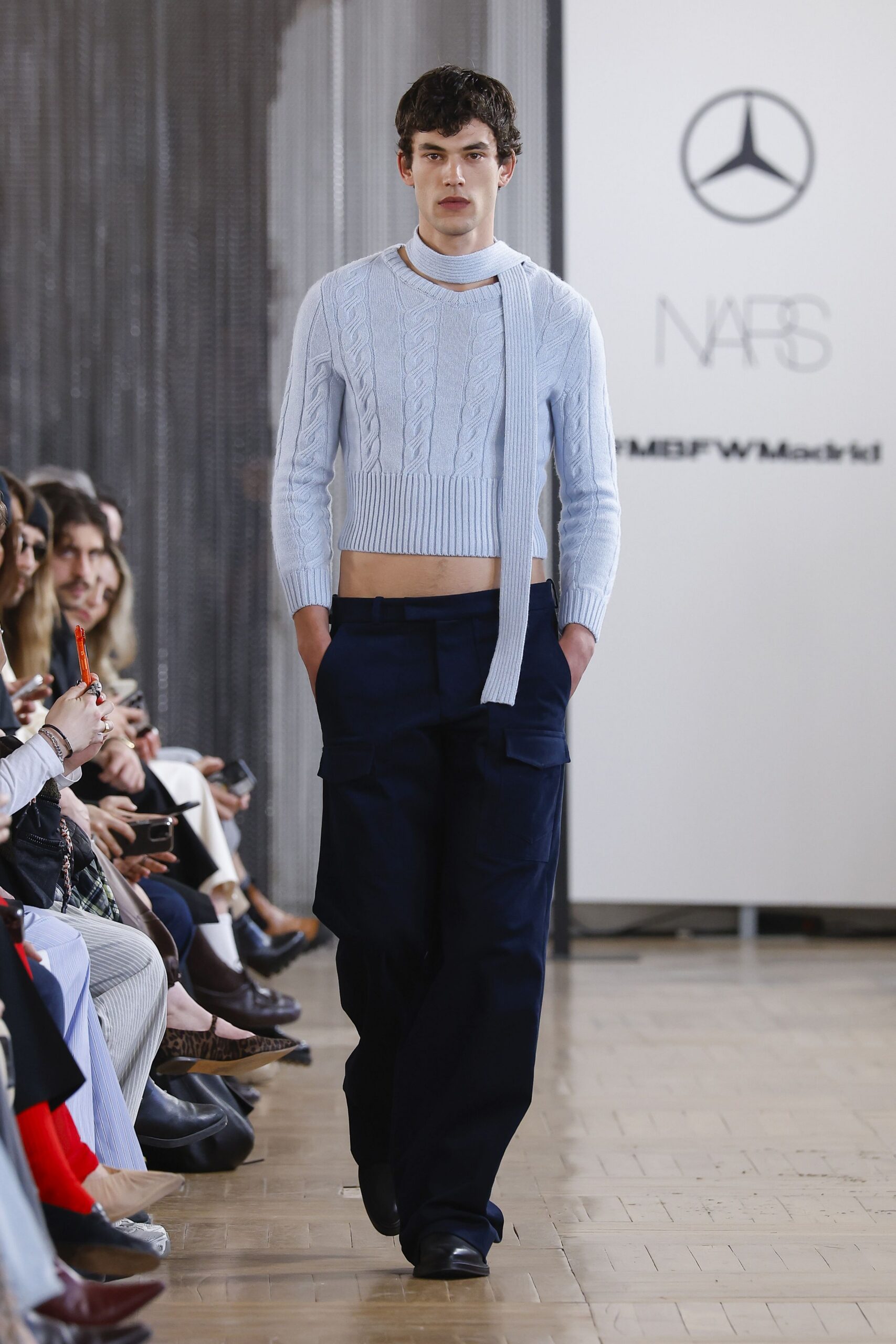 blue cotton long-sleeve collared fitted ribbed cropped sweater