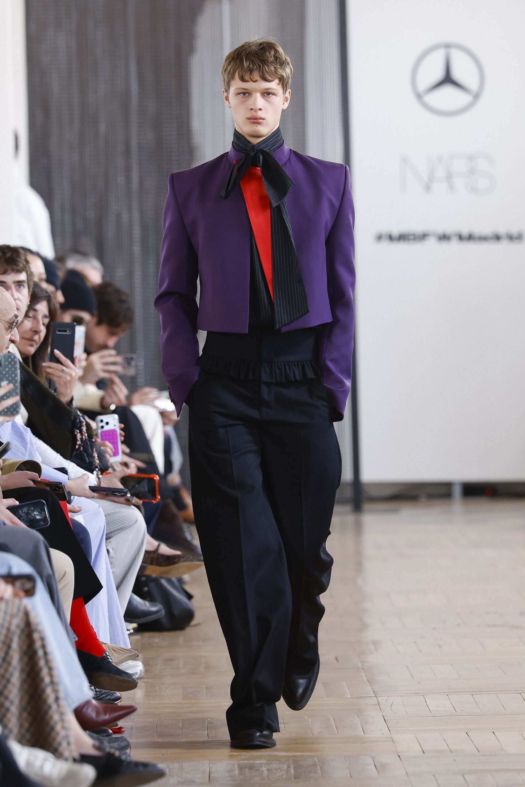 purple cotton long-sleeve collared structured buttoned jacket