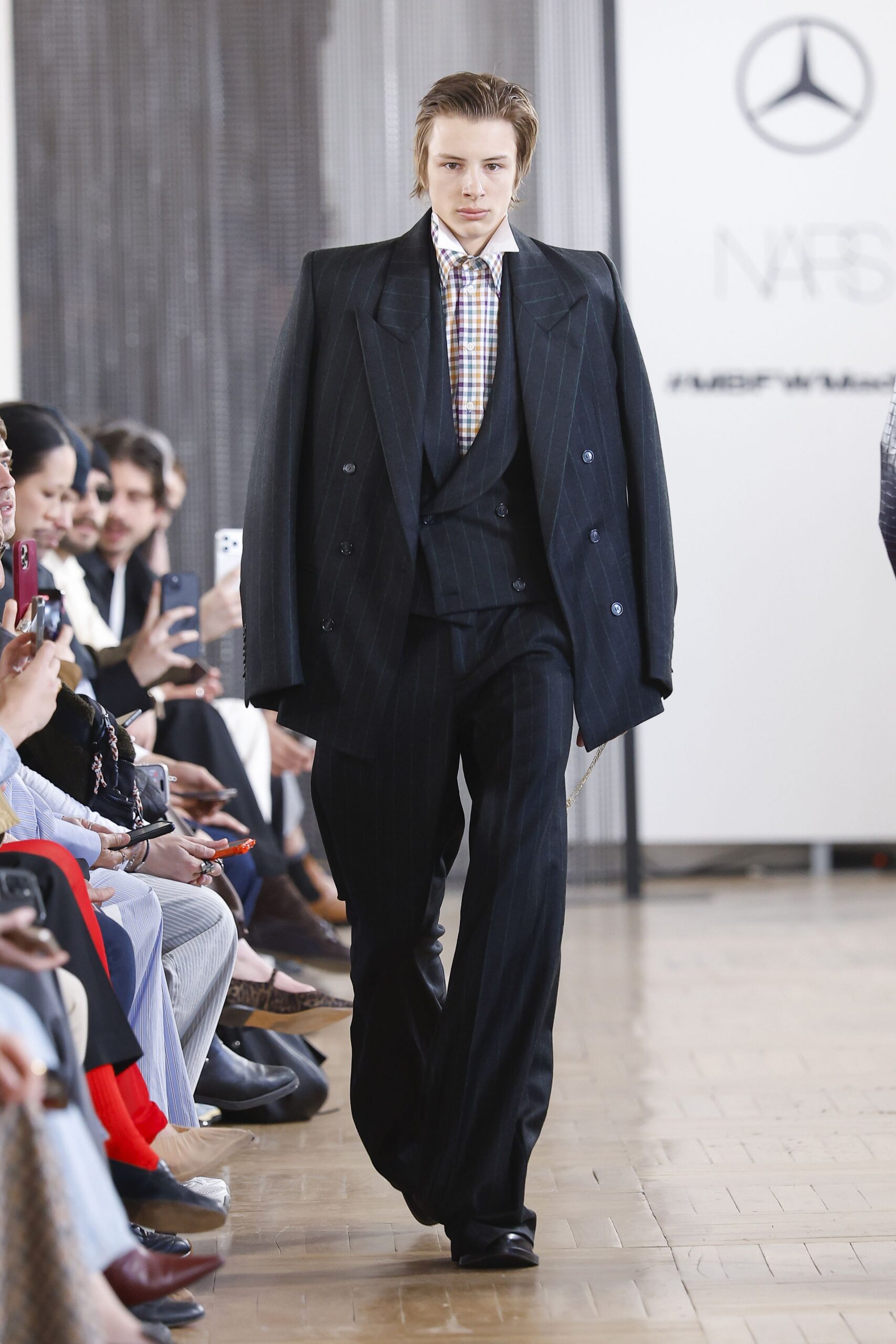 black wool long-sleeve collared tailored striped buttoned suit