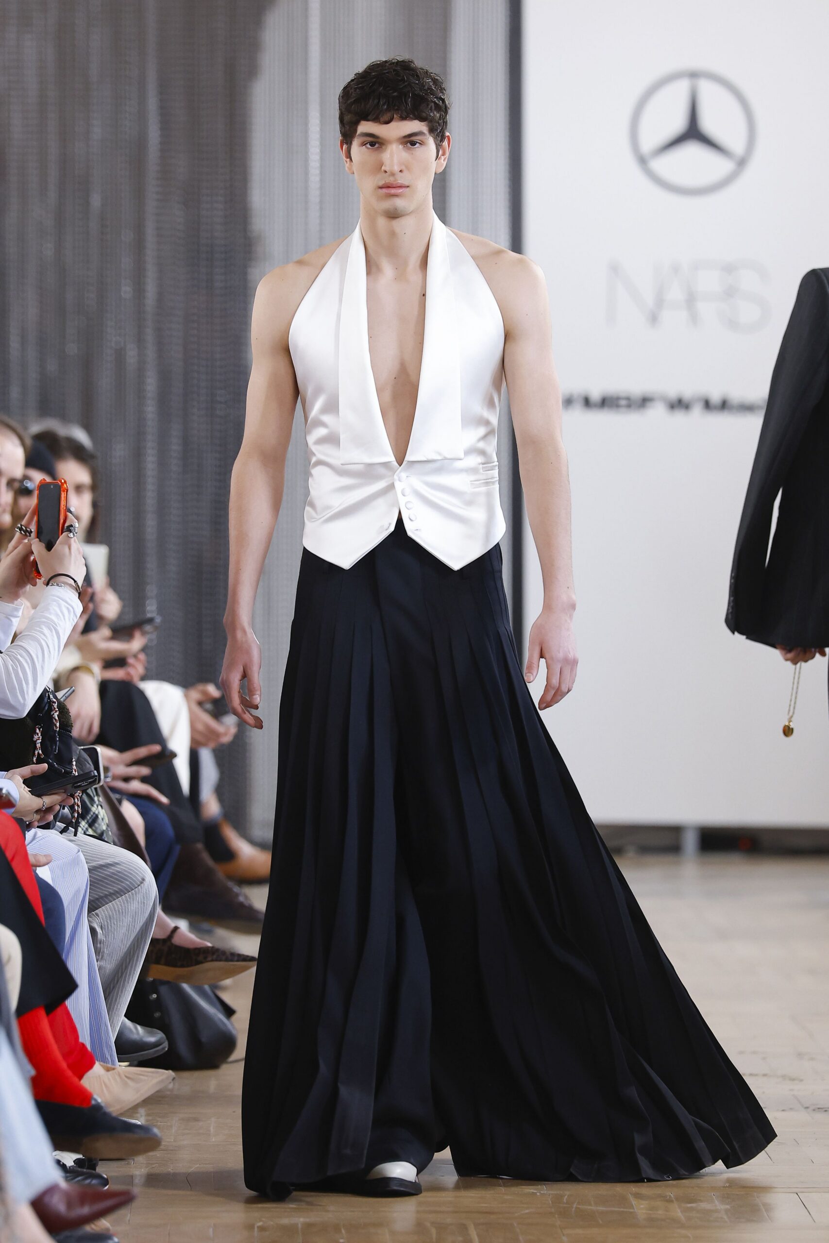black silk long-sleeve fitted pleated flowing maxi skirt