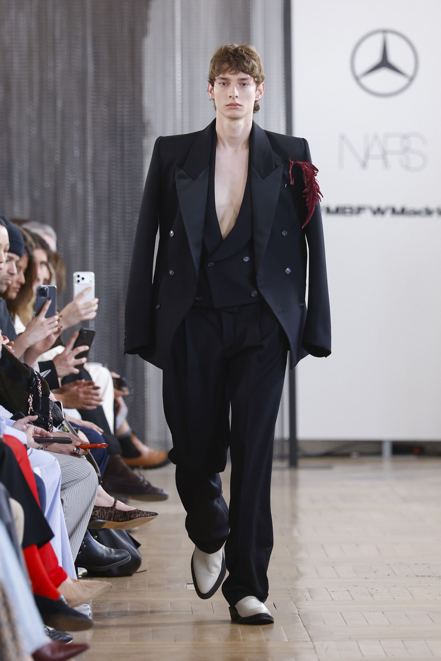 black wool long-sleeve v-neck tailored buttoned suit