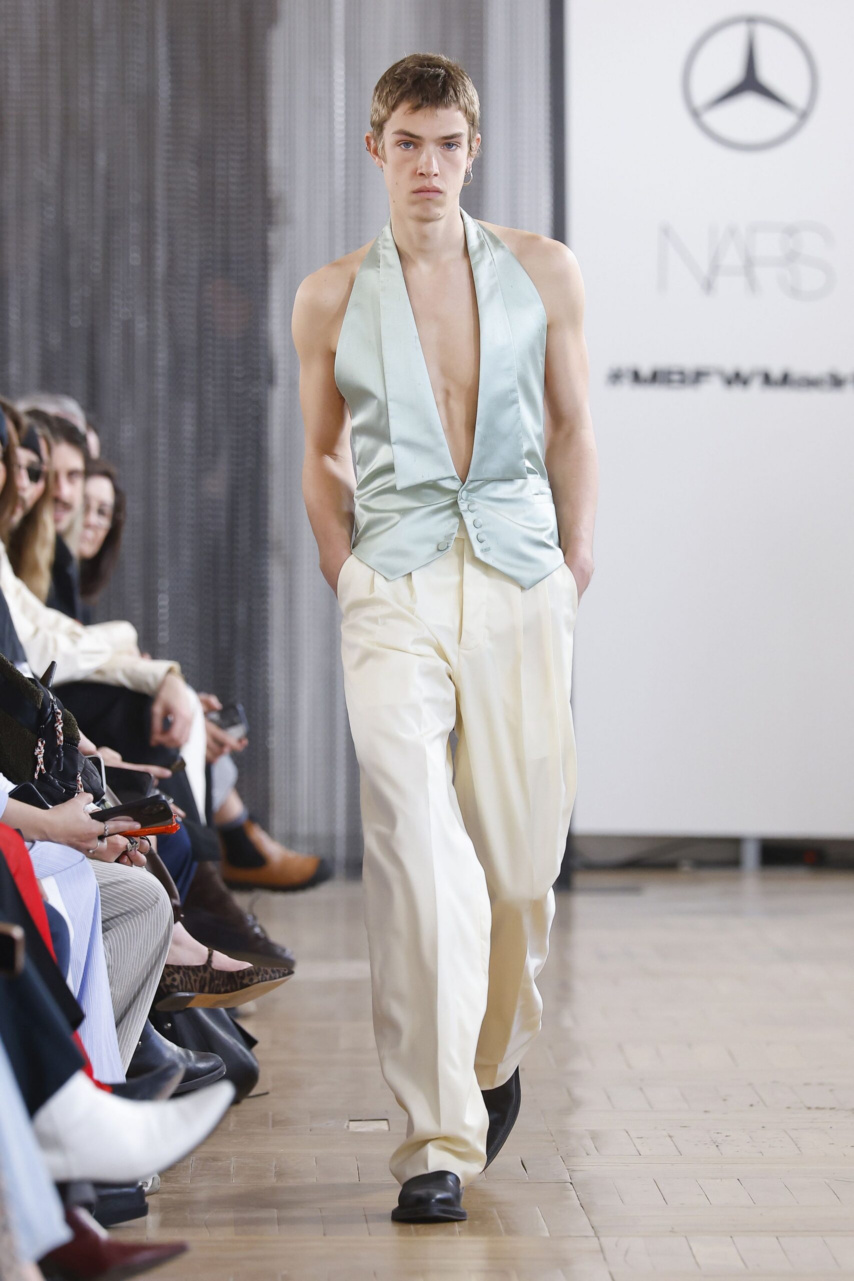 blue satin sleeveless v-neck fitted vest