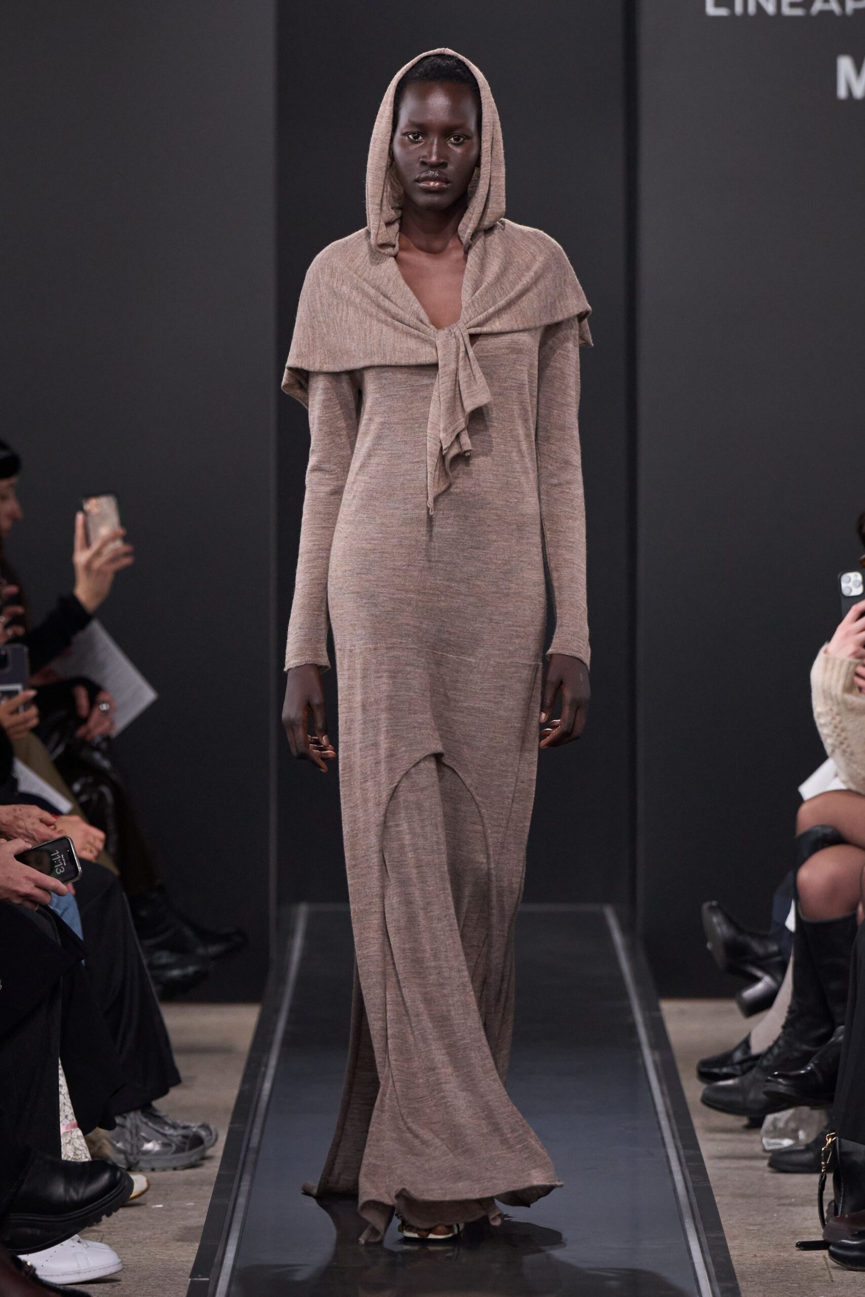 brown wool hooded maxi dress