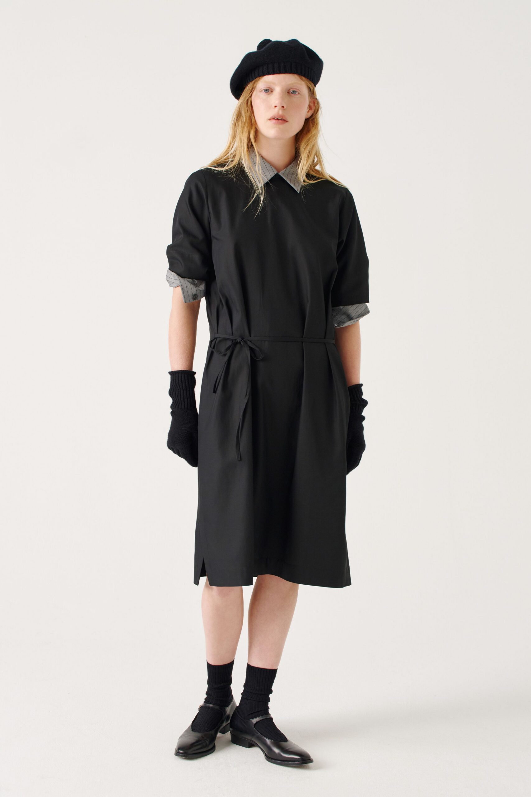 black cotton short-sleeve collared relaxed belted midi dress