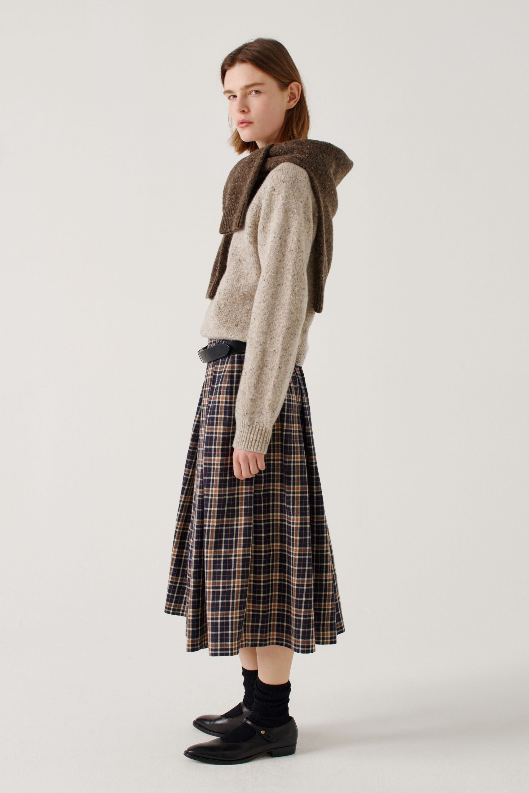 multi cotton relaxed checked pleated skirt