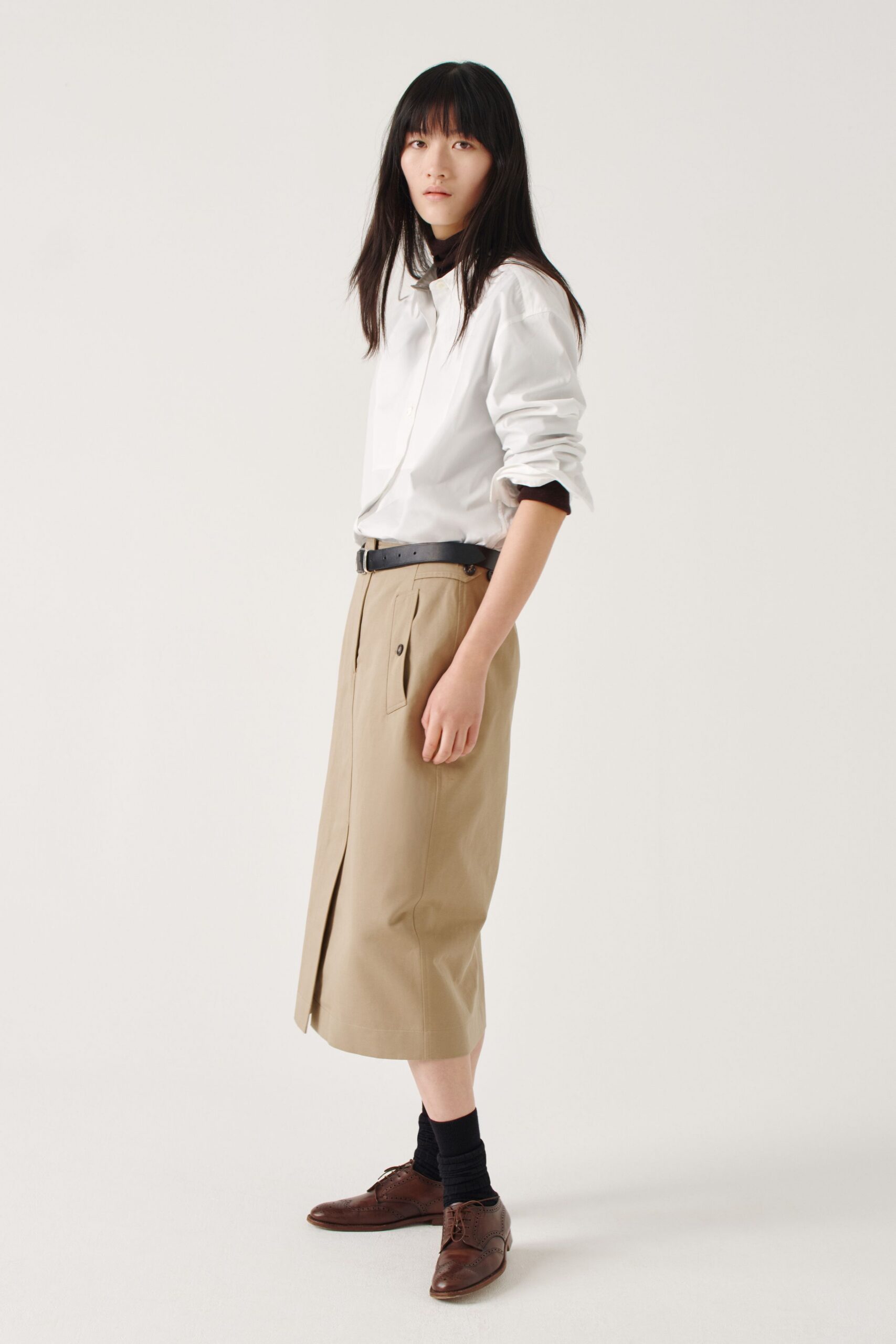 beige cotton long-sleeve slit relaxed midi skirt