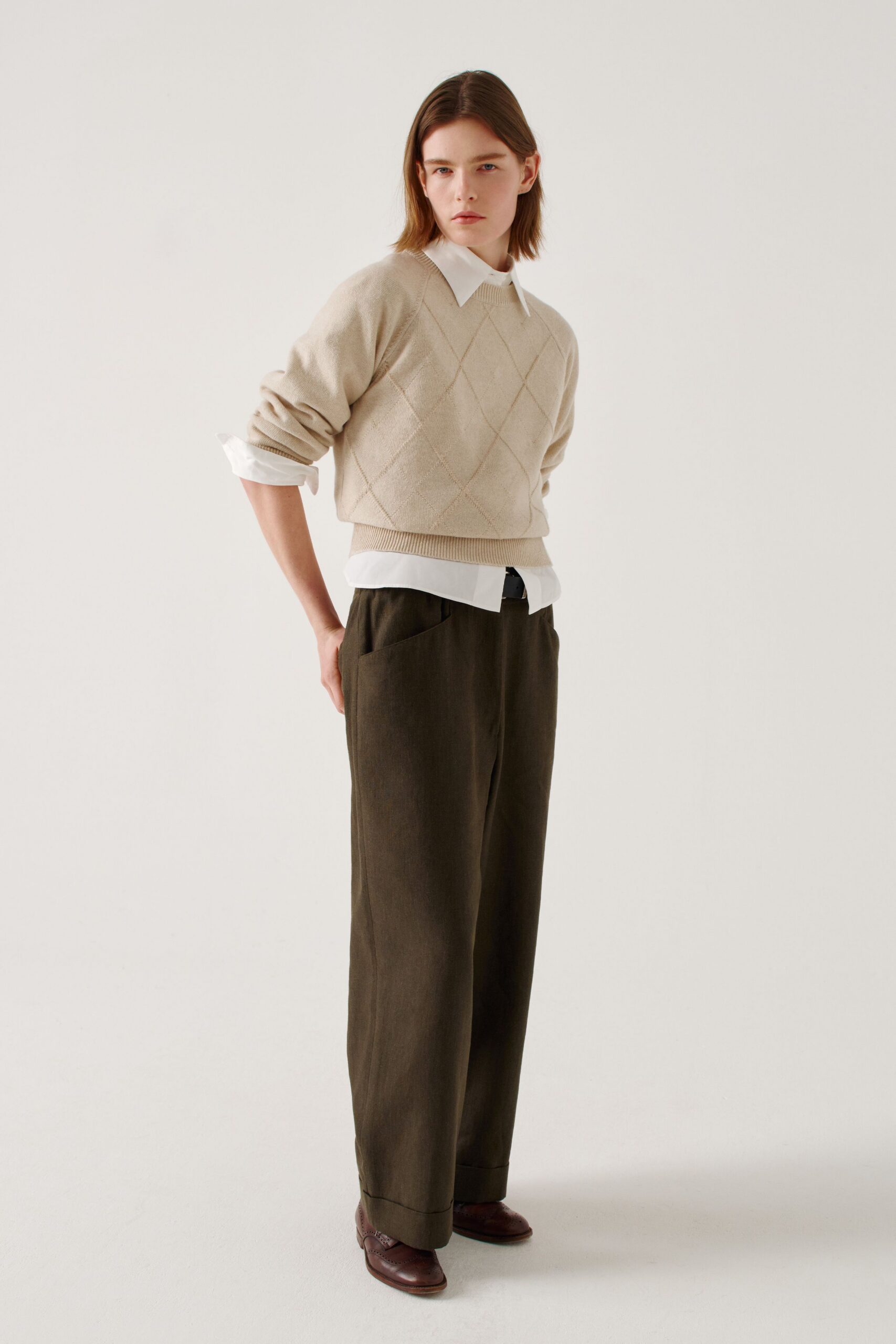 beige wool long-sleeve v-neck relaxed cropped sweater