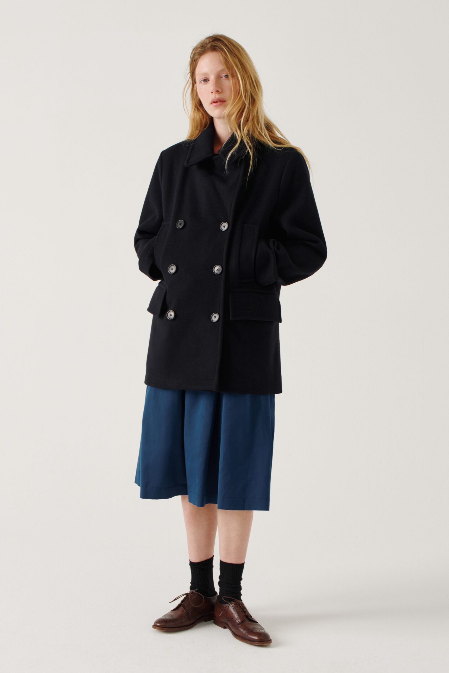 blue silk fitted pleated midi skirt