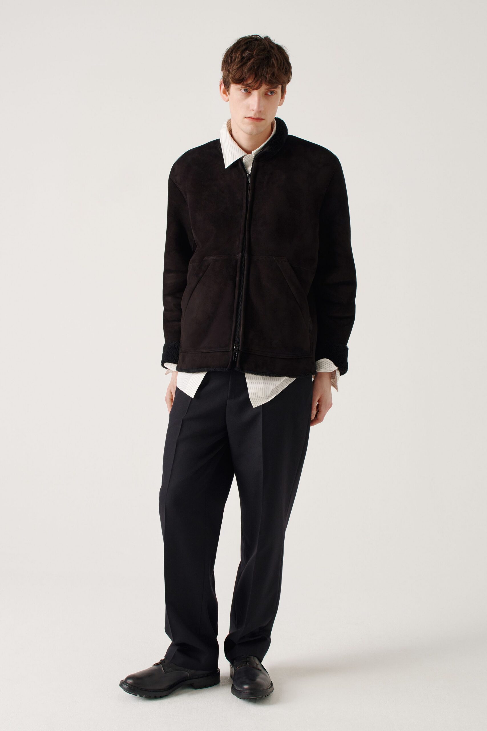black suede long-sleeve collared relaxed jacket