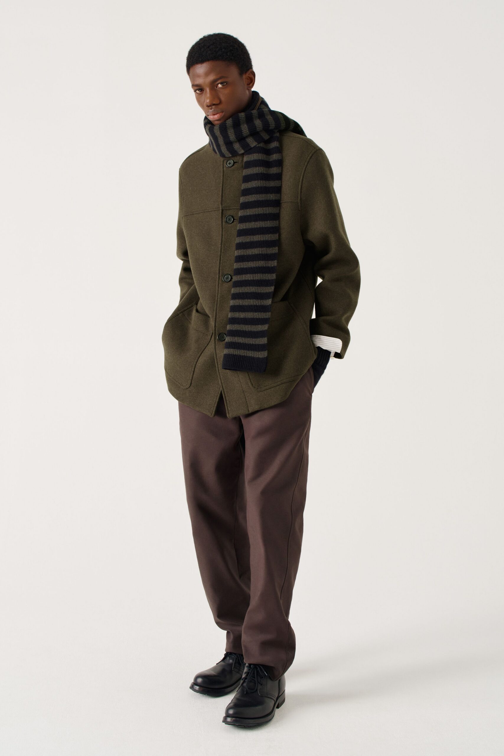 green wool long-sleeve collared relaxed buttoned jacket