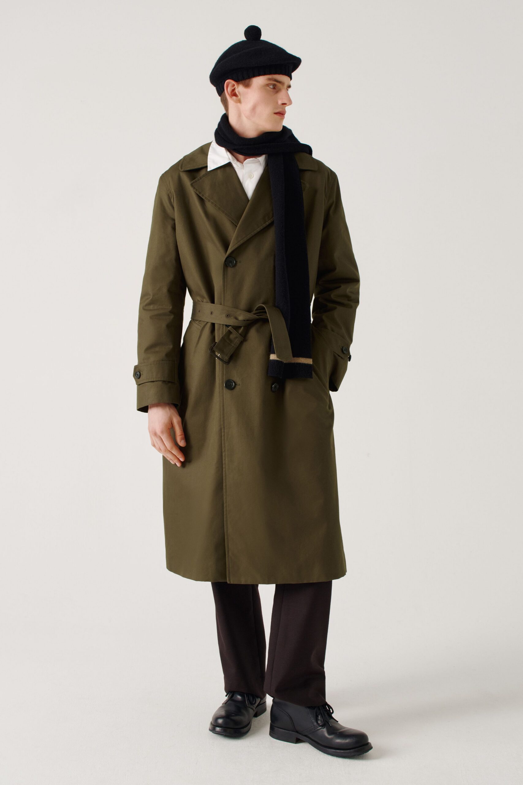 green cotton long-sleeve collared tailored belted trench