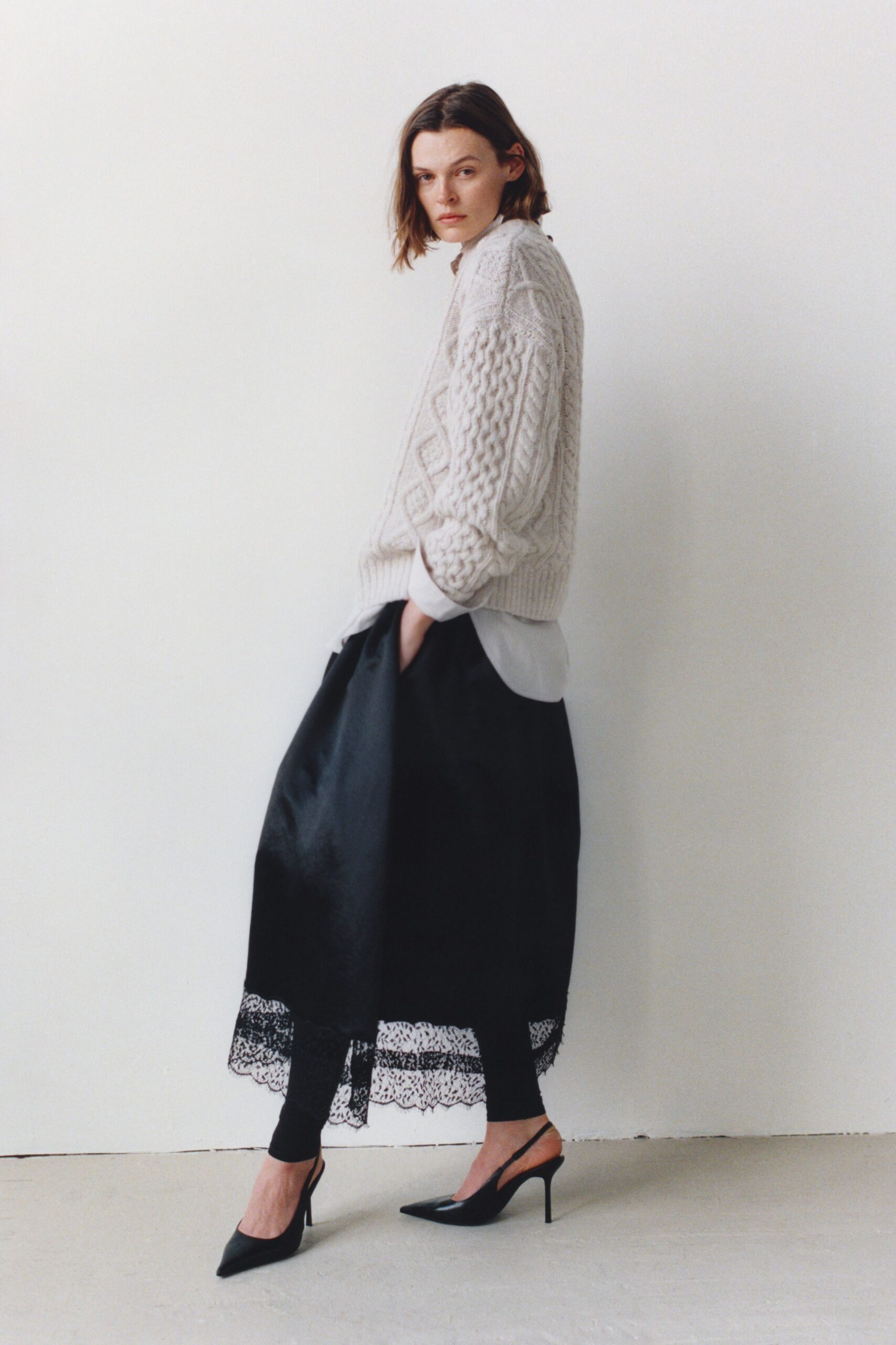 black silk long-sleeve fitted layered embroidered midi skirt