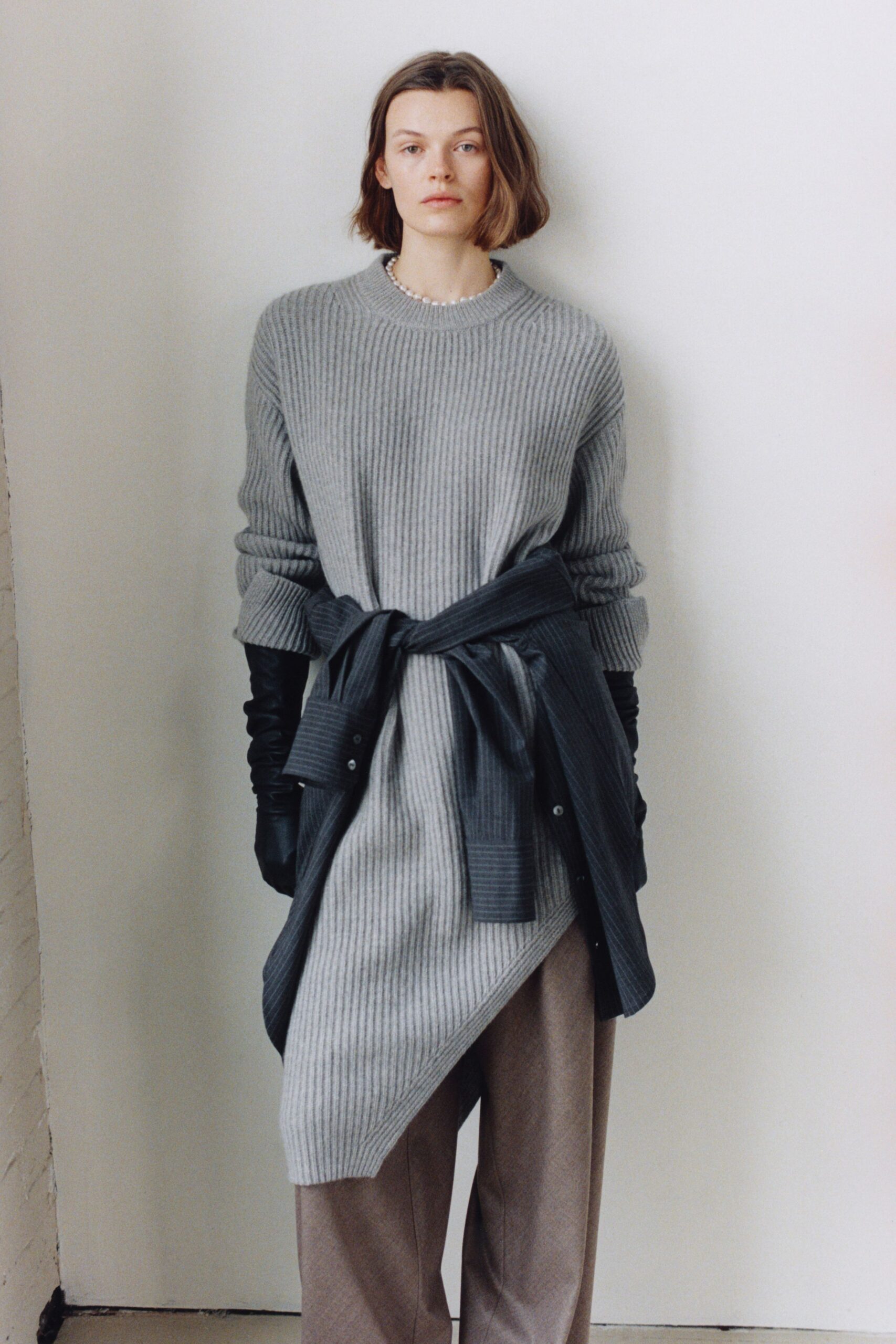 gray wool long-sleeve high-neck relaxed ribbed midi sweater